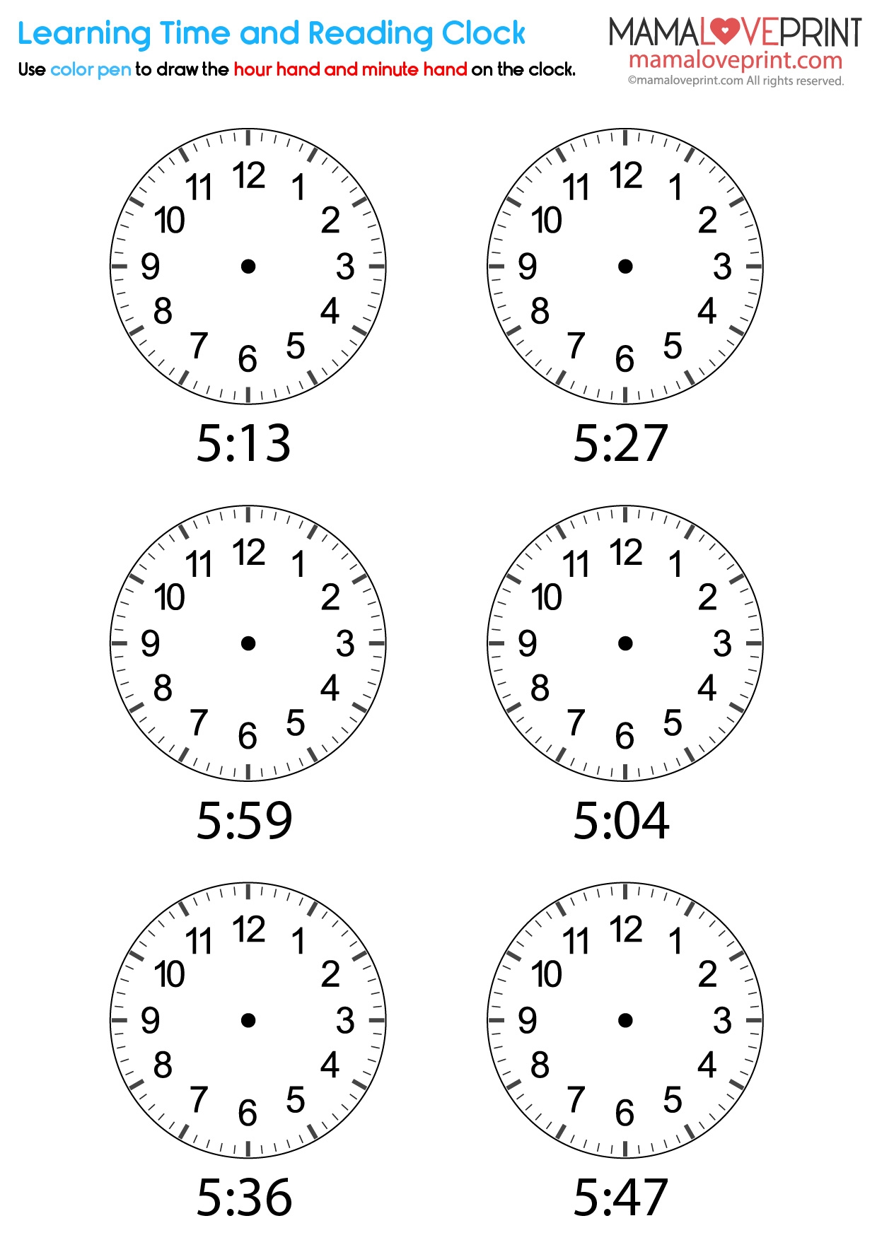 MamaLovePrint Math Worksheets Learning Time Level 5 1 Minute Intervals Without Numbers Math Worksheets PDF Free