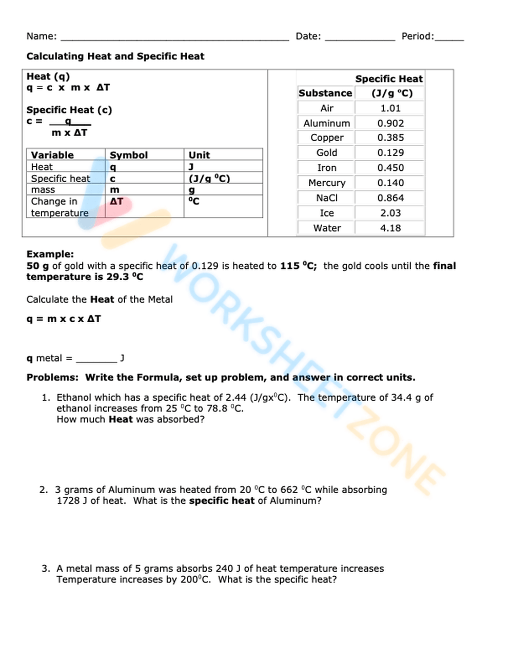 Mastering Specific Heat Calculations Worksheet