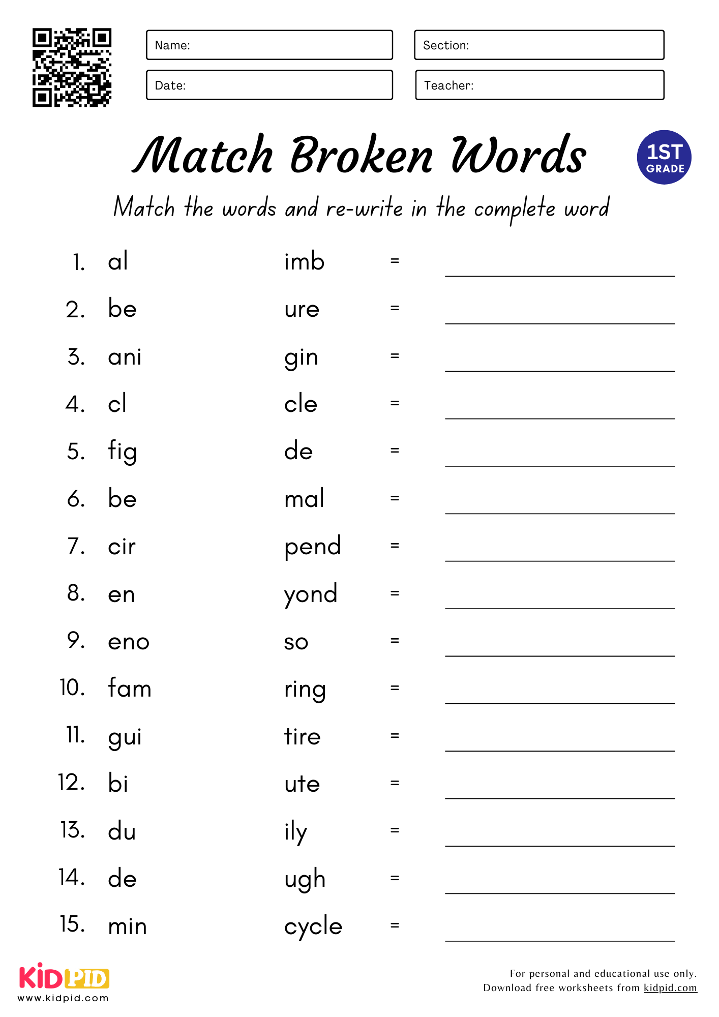 Match Complete The Words Worksheet For Grade 1 Kidpid