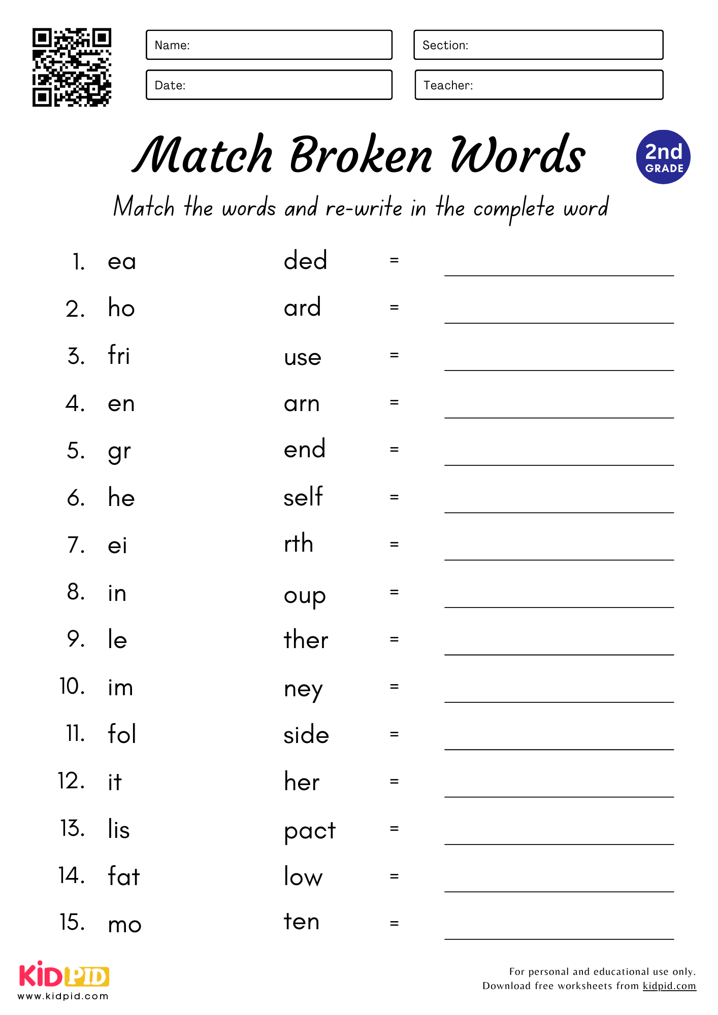 Match Complete The Words Worksheet For Grade 2 Kidpid