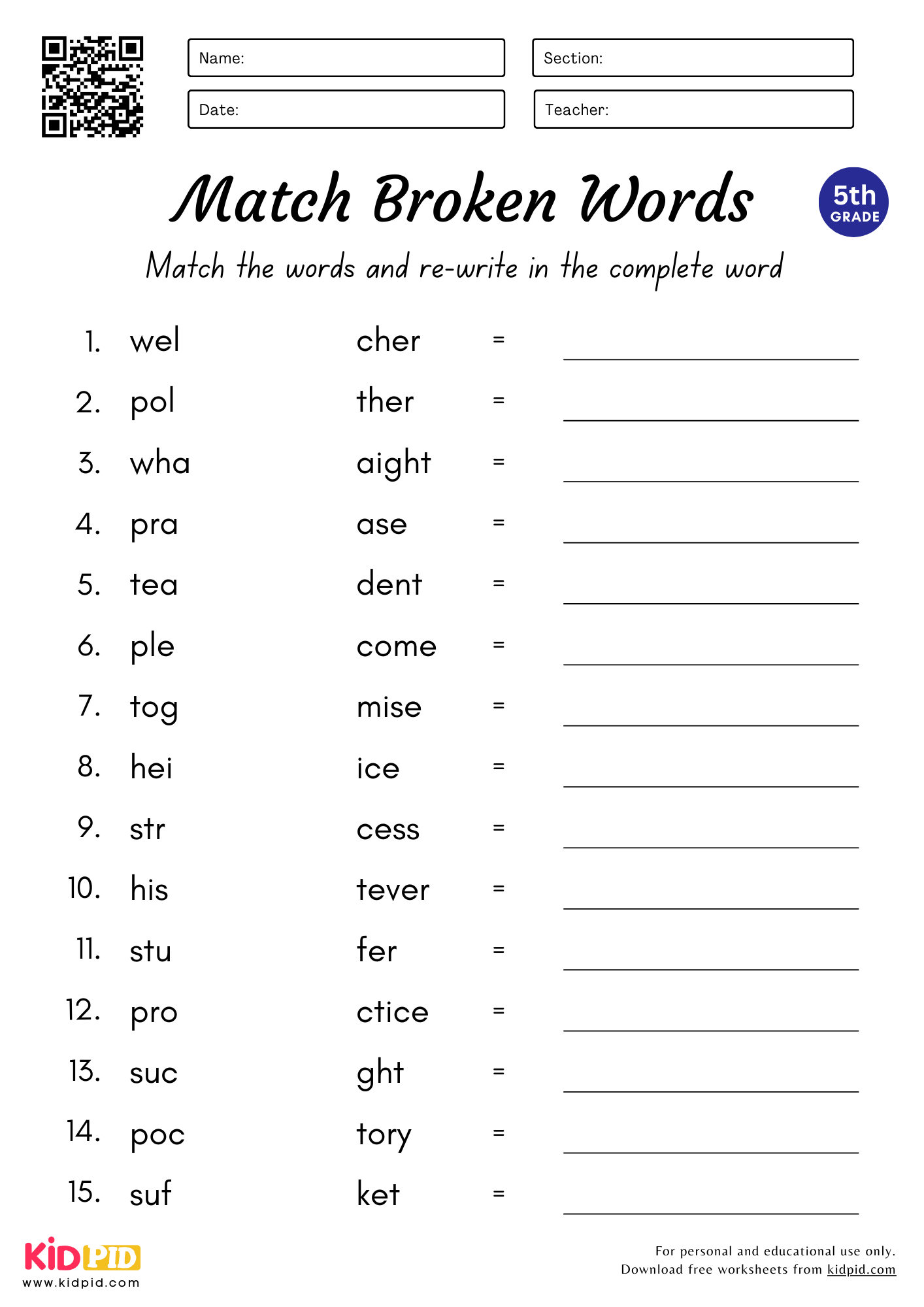 Match Complete The Words Worksheet For Grade 5 Kidpid