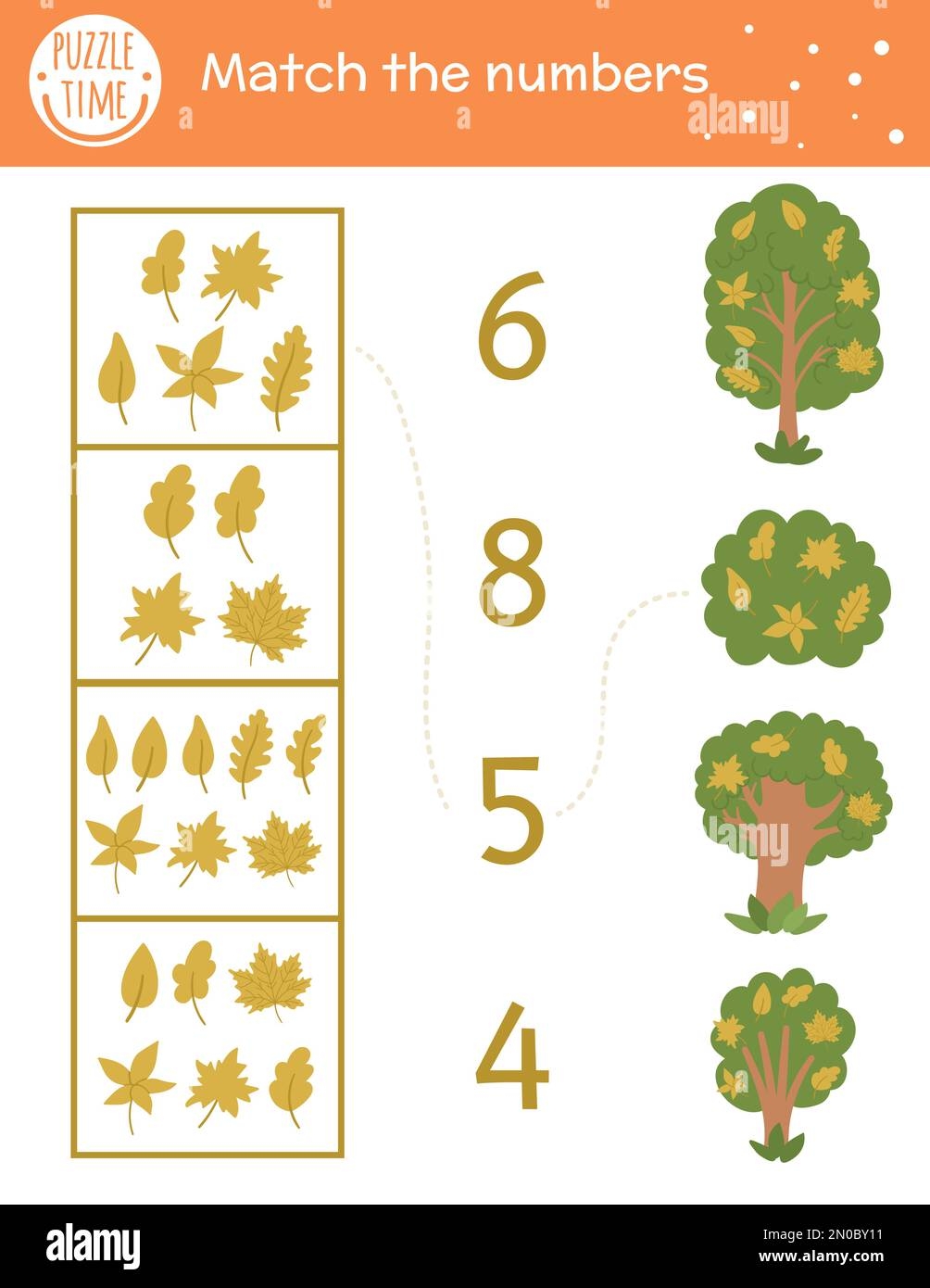 Matching Game With Yellow Leaves And Trees Autumn Math Activity For Preschool Children Fall Season Counting Worksheet Educational Printable With Cu Stock Vector Image Art Alamy