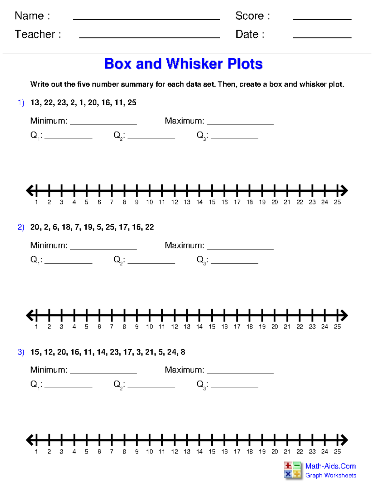 Math 101 Box And Whisker Plots Practice Worksheets Studocu