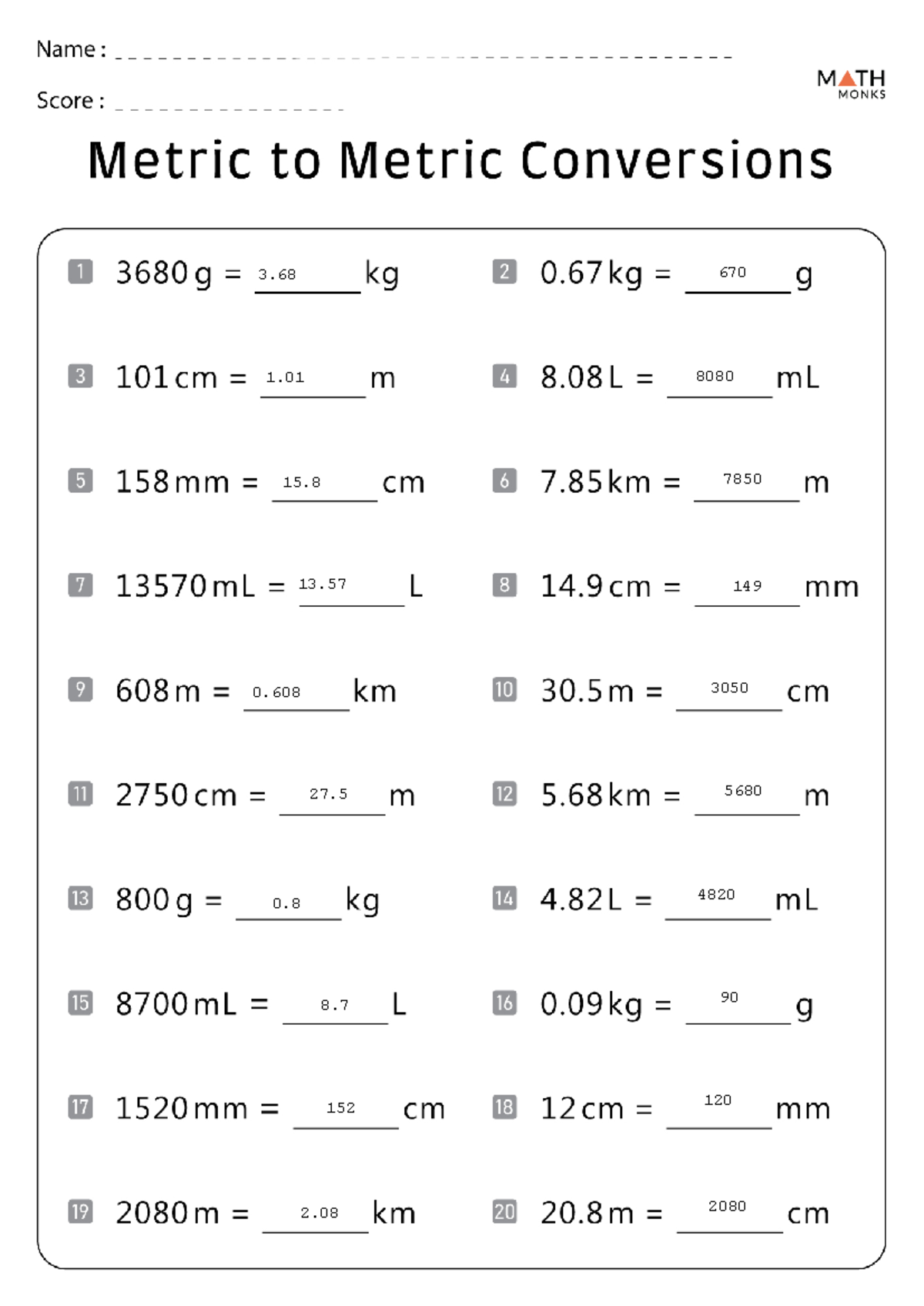 MATH 101 Metric To Metric Conversion Worksheet Answers Studocu