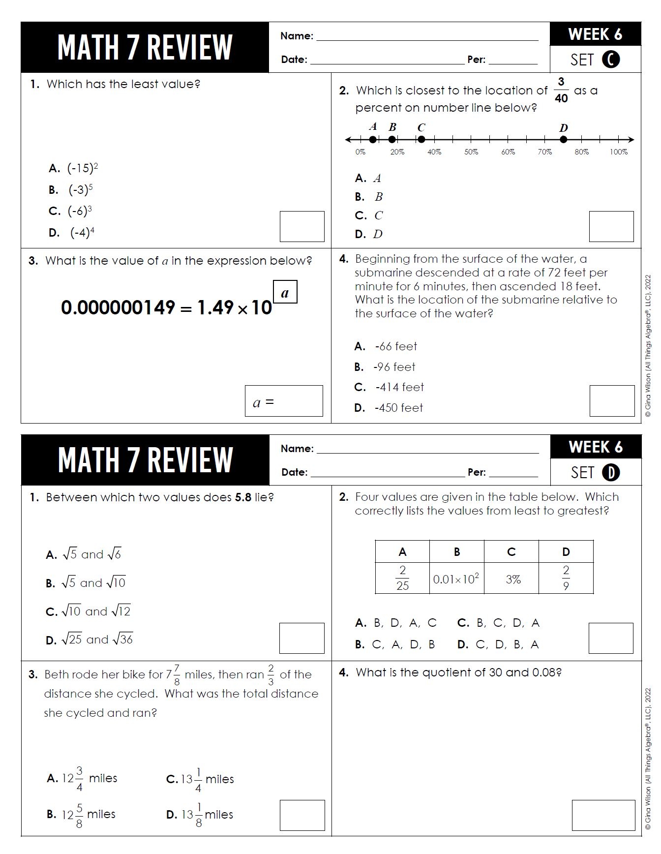 Math 7 Spiral Reviews All Things Algebra Math 7 Spiral Reviews All Things Algebra