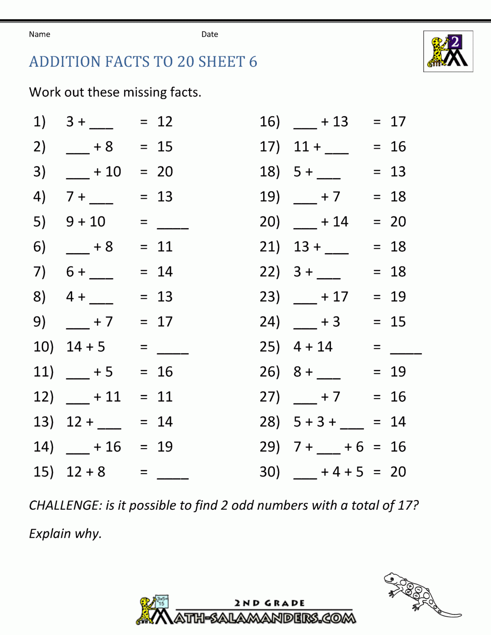 Math Addition Facts To 20 Math Addition Facts To 20
