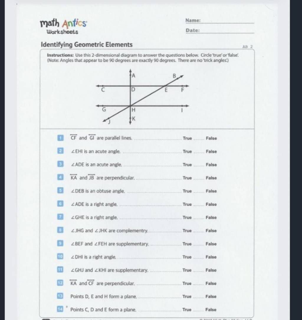 Math Antics Name Worksheets Date Identifying Geometric Elements Instru 
