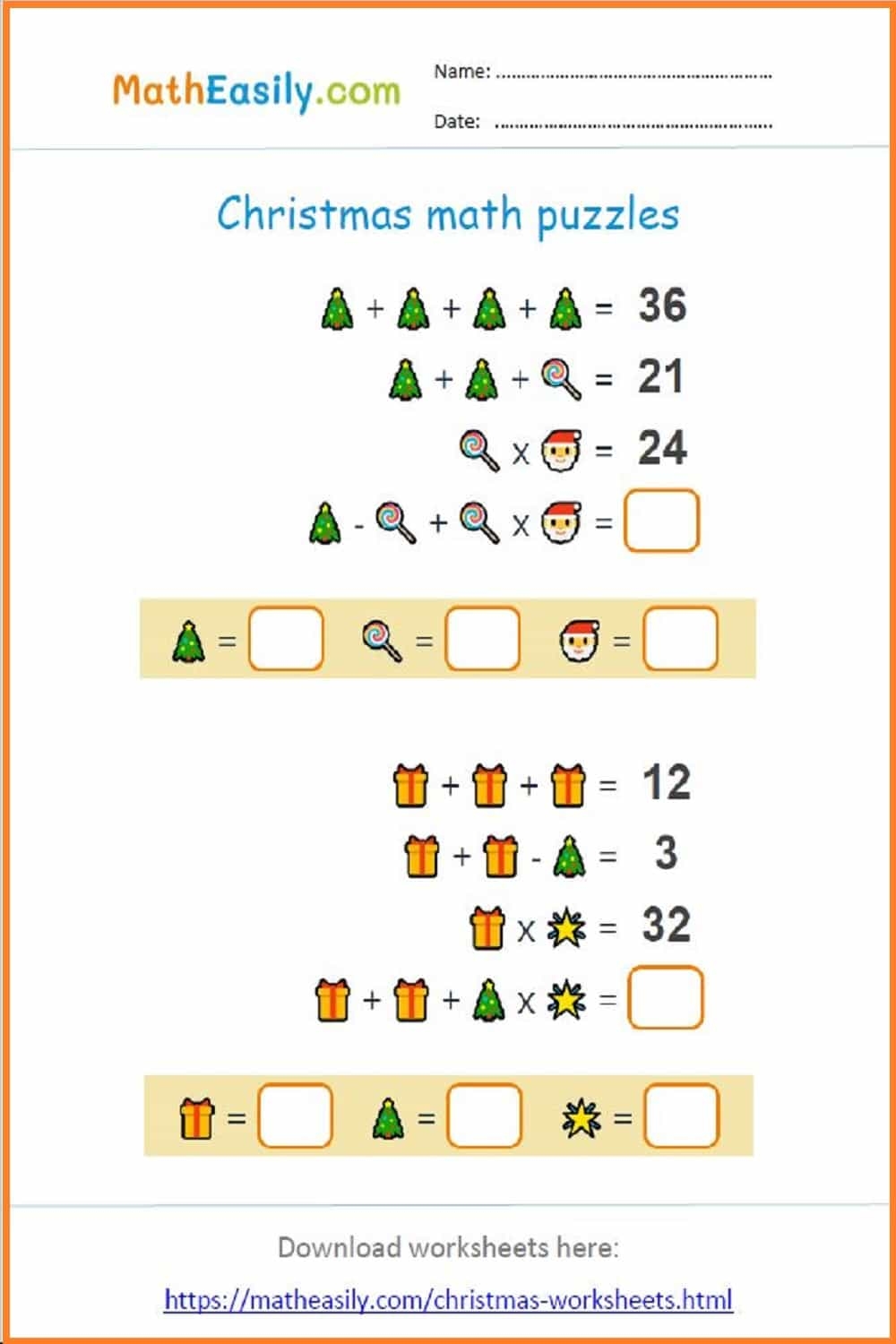 Math Christmas Worksheets PDF Free Download 