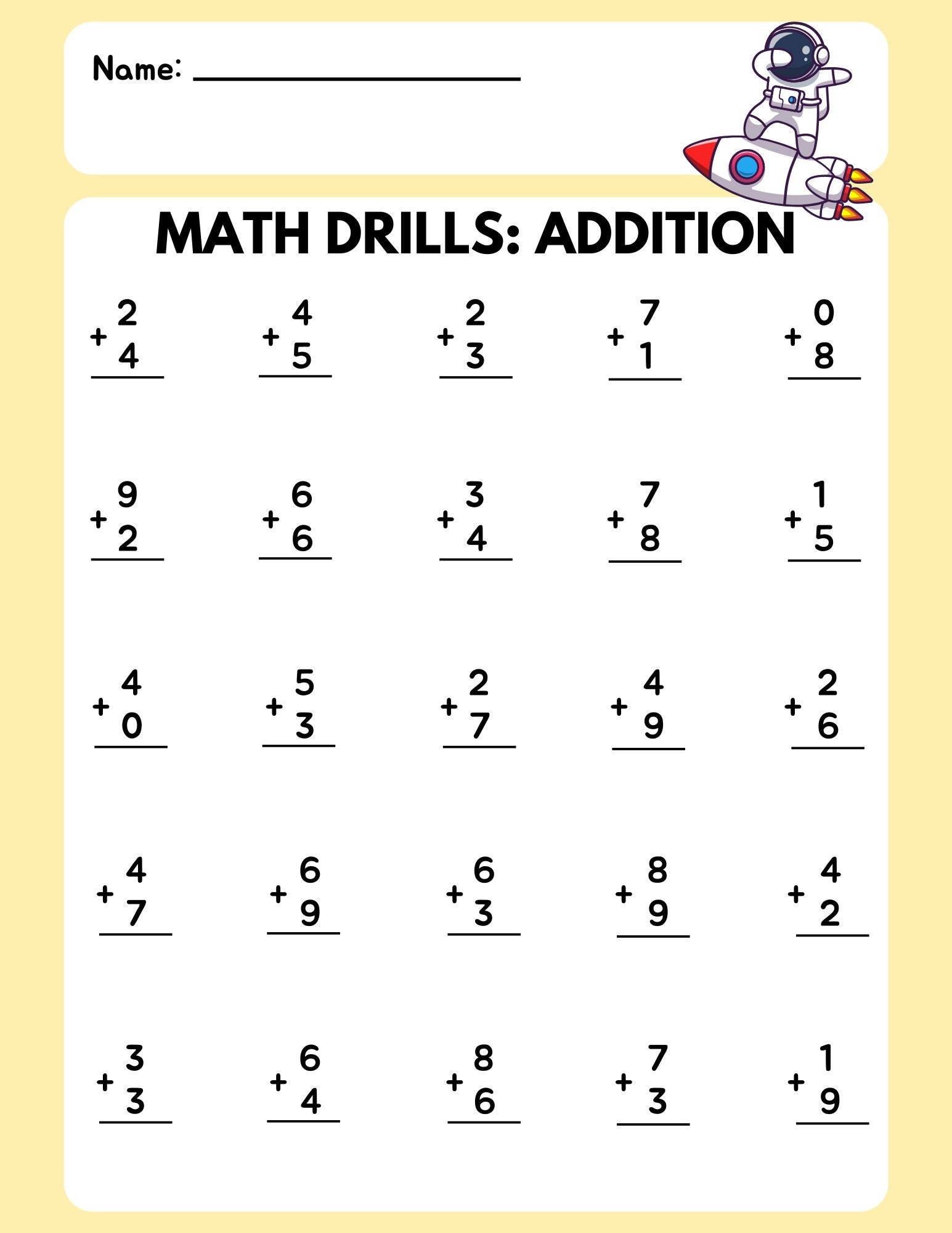 Math Drill Addition Worksheet 1 Etsy