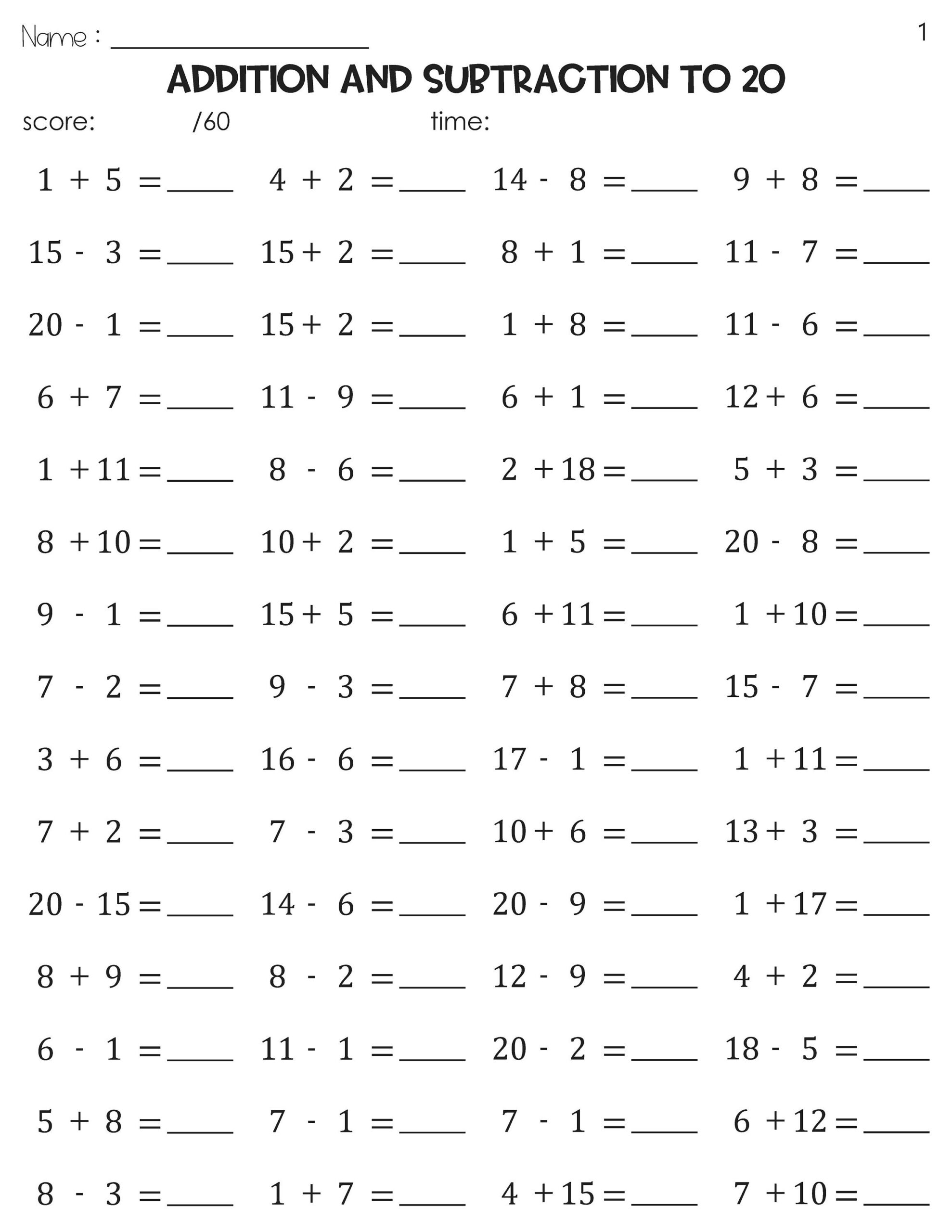 Math Fact Fluency Addition And Subtraction To 20 Timed Tests Practice Etsy New Zealand