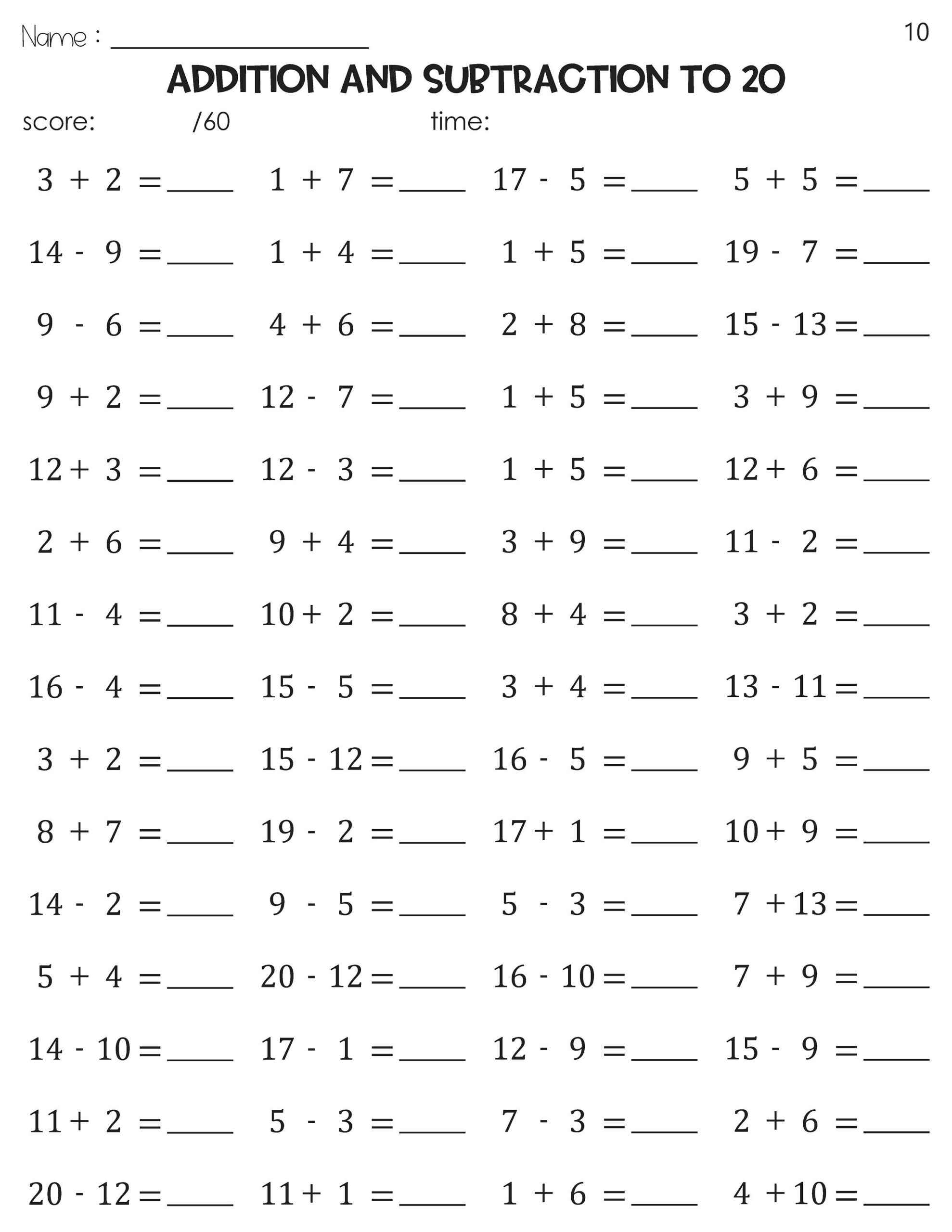 Math Fact Fluency Addition And Subtraction To 20 Timed Tests Practice Etsy UK