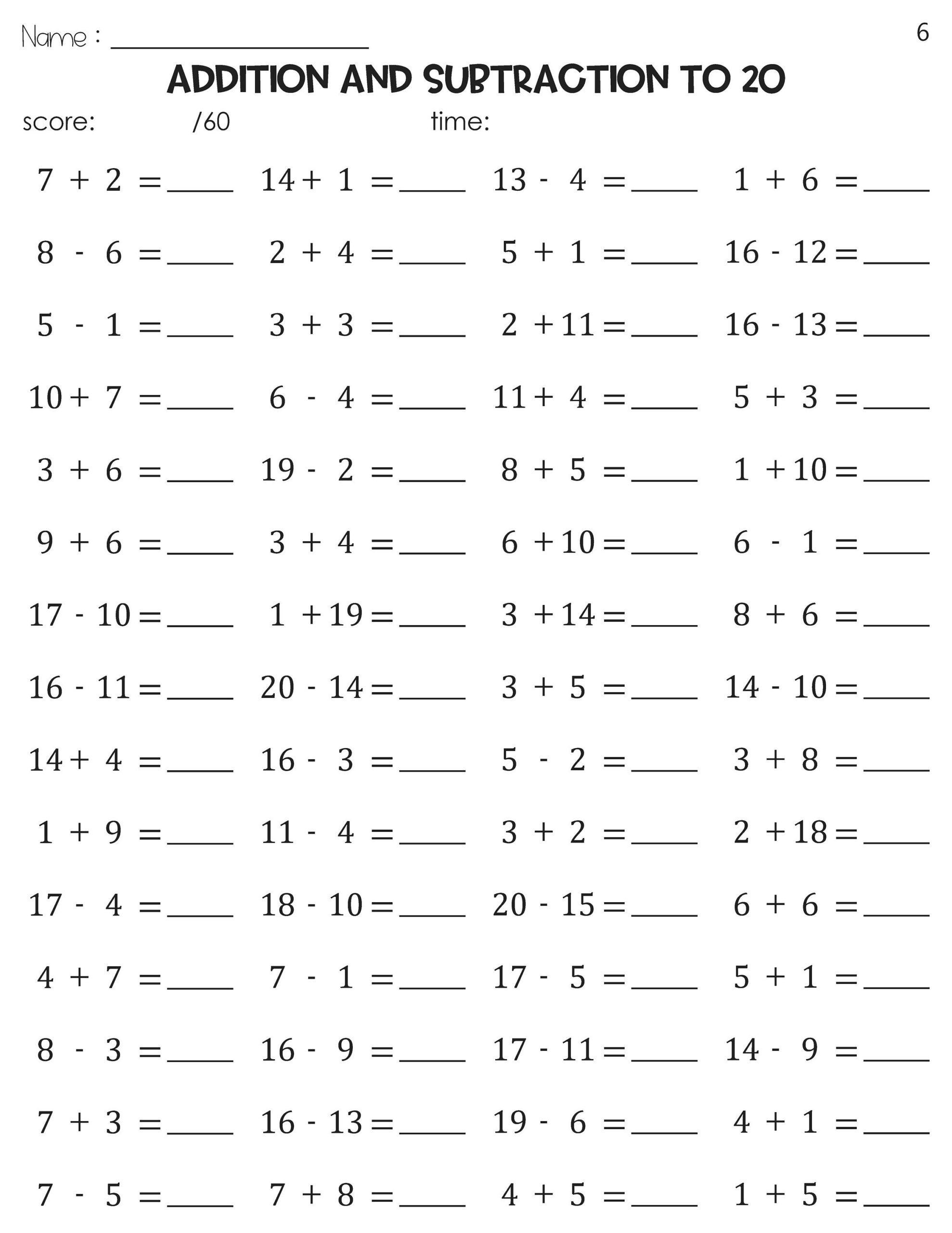 Math Fact Fluency Addition And Subtraction To 20 Timed Tests Practice Etsy UK