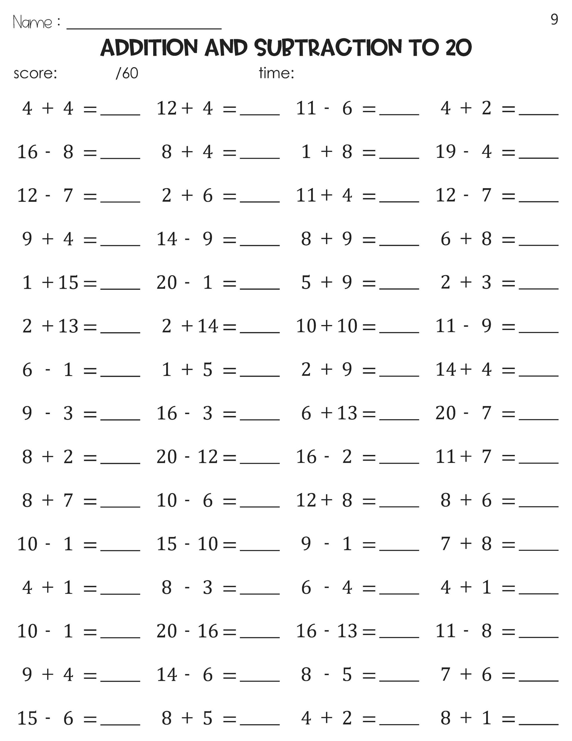 Math Fact Fluency Addition And Subtraction To 20 Timed Tests Practice Etsy UK