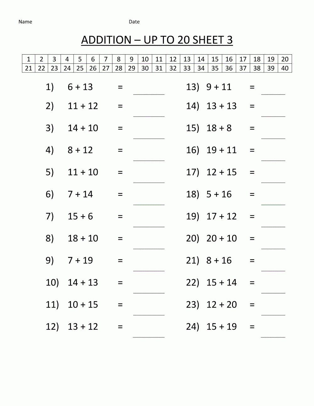 Math Facts Practice Sheets