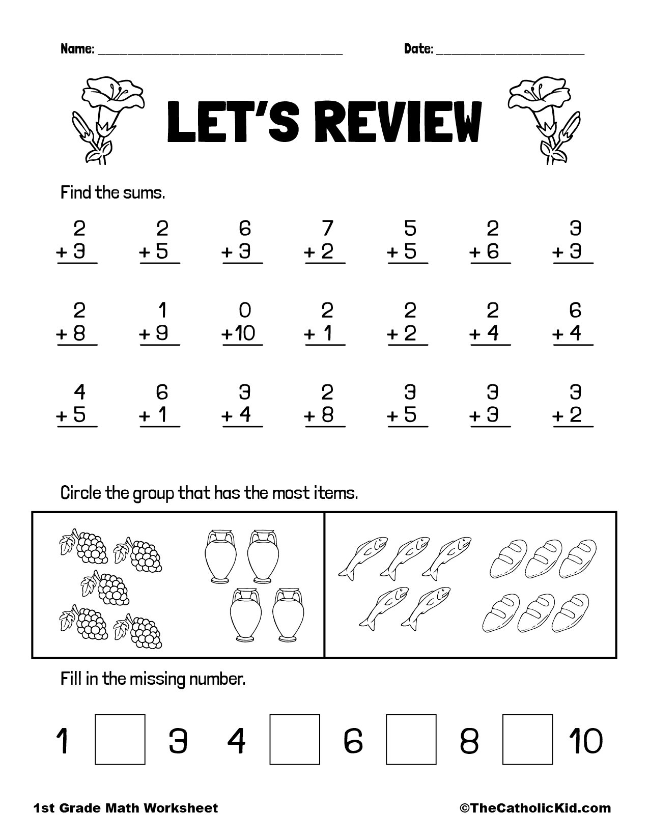 Math Review 1st Grade Math Addition Worksheet Catholic Themed Math Review 1st Grade Math Addition Worksheet Catholic Themed