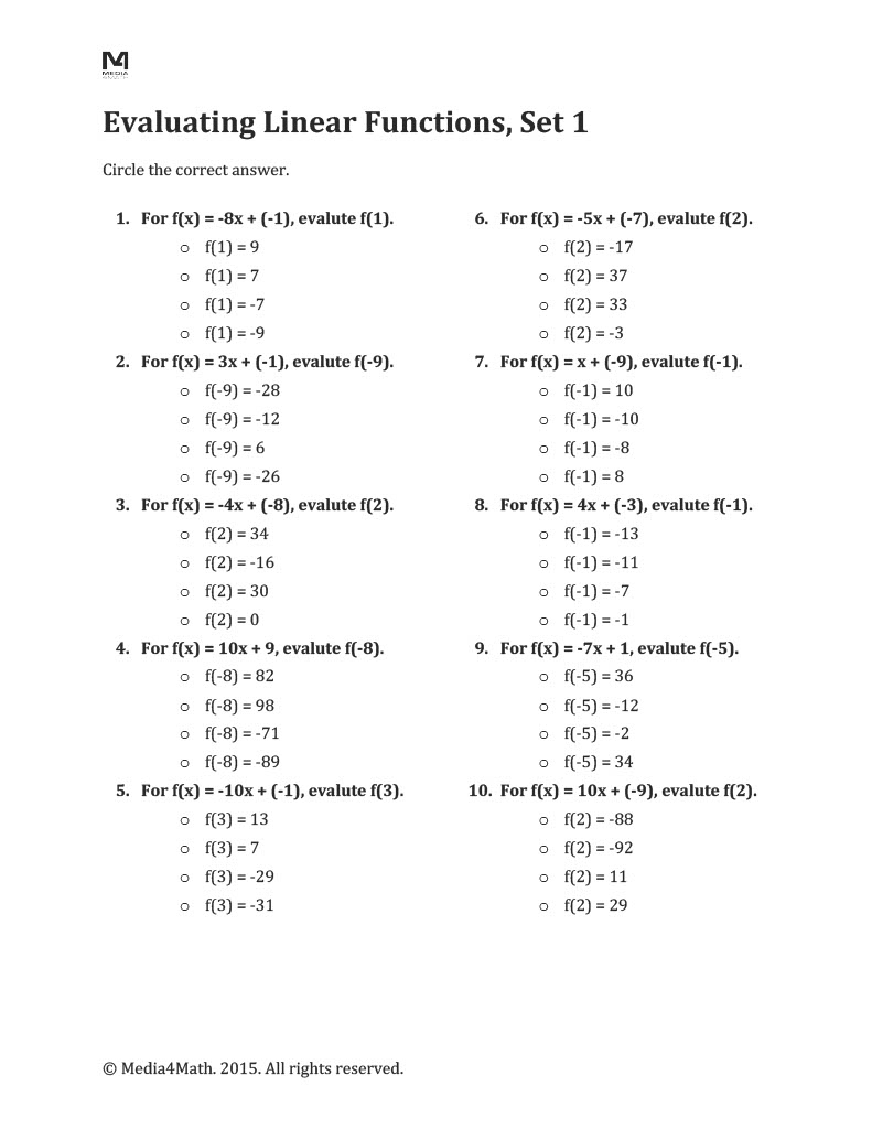 Math Worksheet Collection Evaluating Linear Functions Media4Math