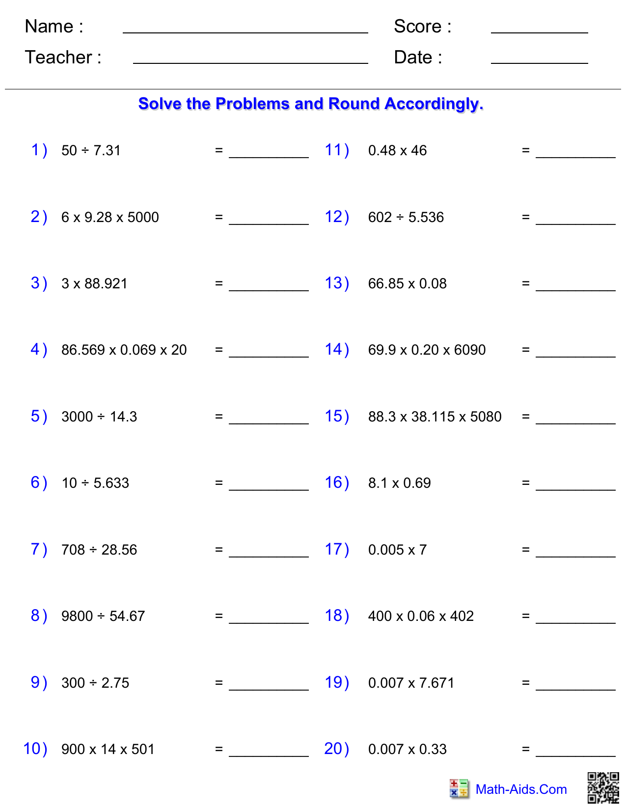Math Worksheet Division Multiplication Decimals Math Worksheet Division Multiplication Decimals