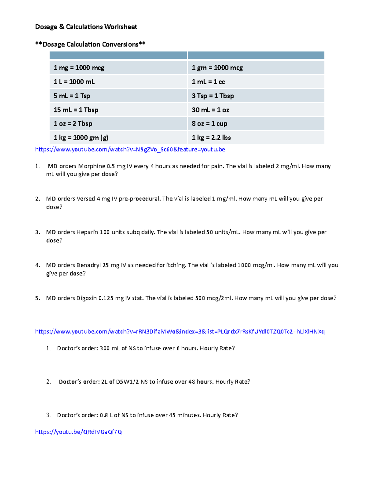 Med Math Worksheet Sample Med Math Dosage amp Calculations Worksheet Dosage Calculation Studocu