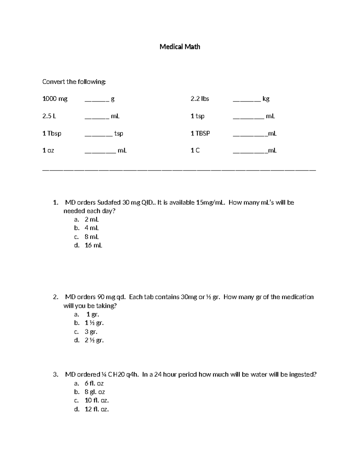 Medical Math Problems Dosage Calculations Conversions Studocu