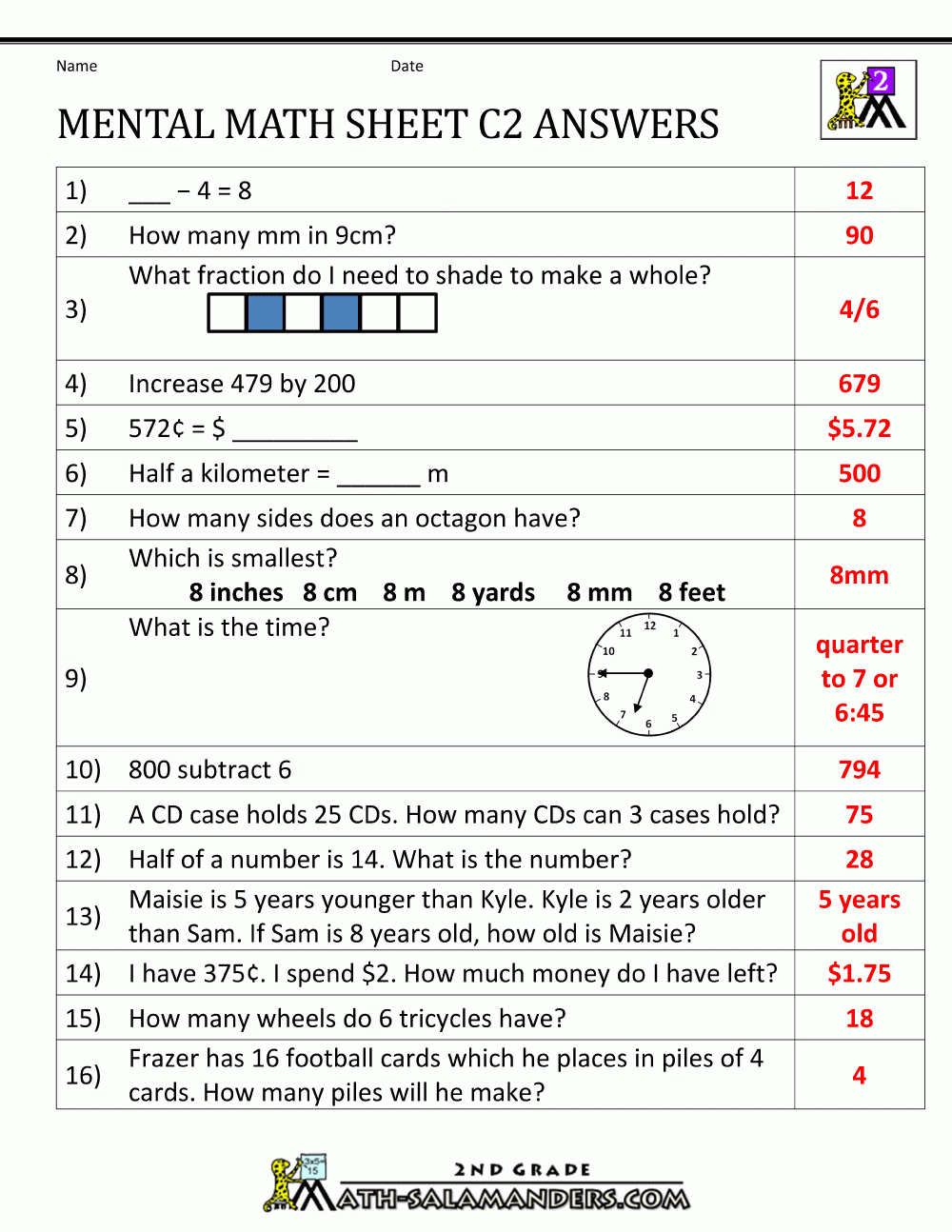 Mental Math Worksheet 2nd Grade