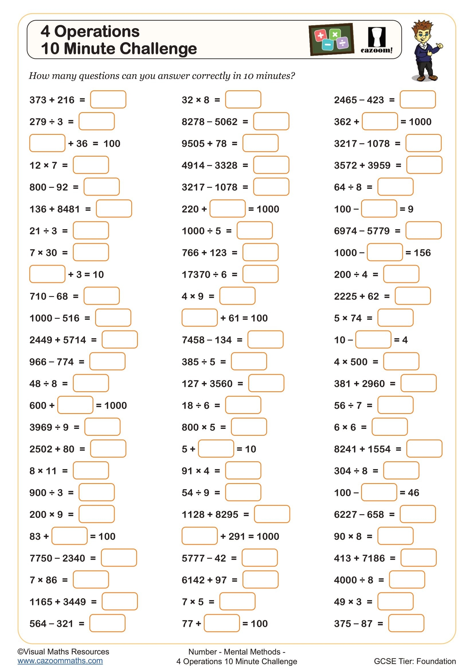 mental maths worksheets
