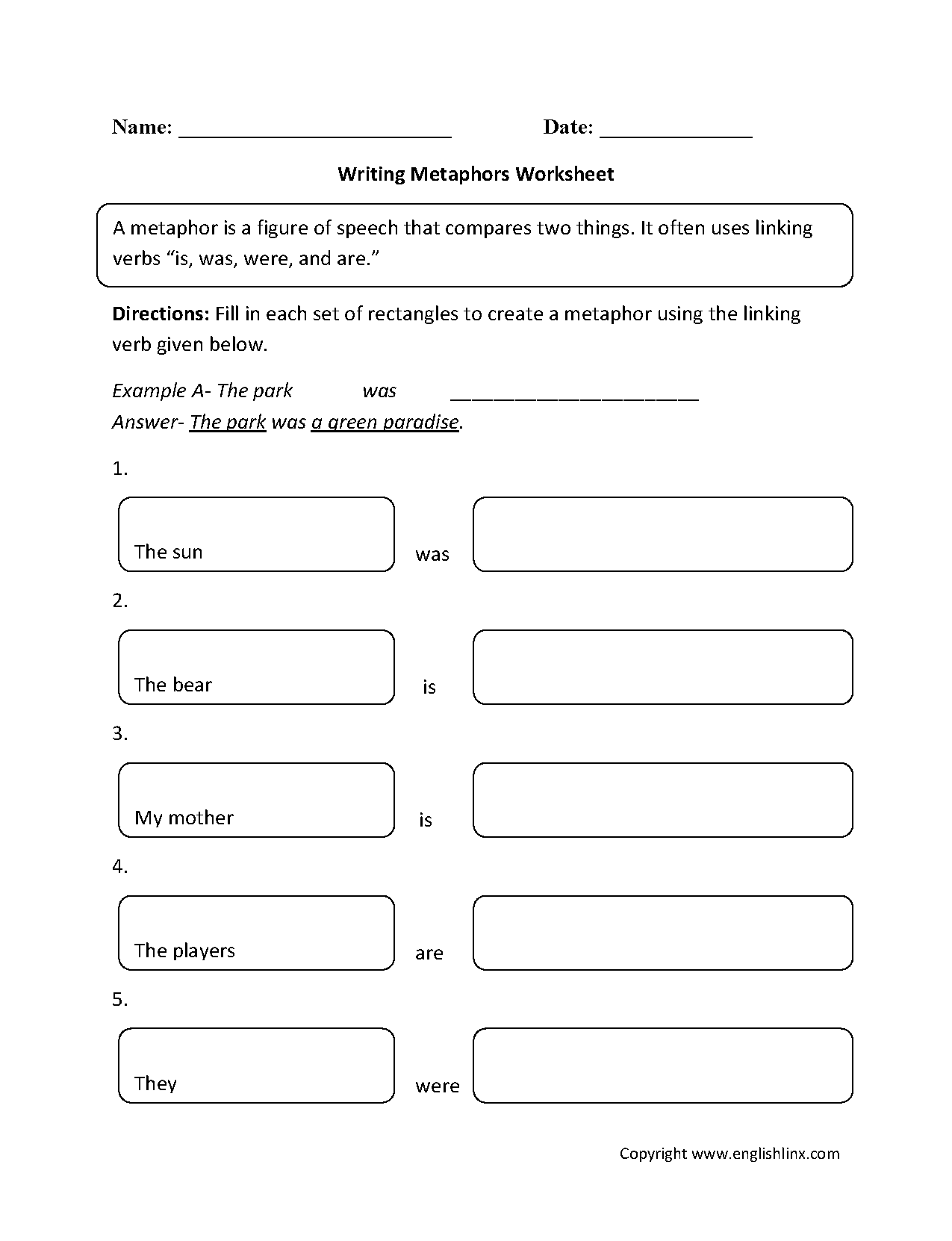 Metaphors Worksheets Free Figurative Language Practice