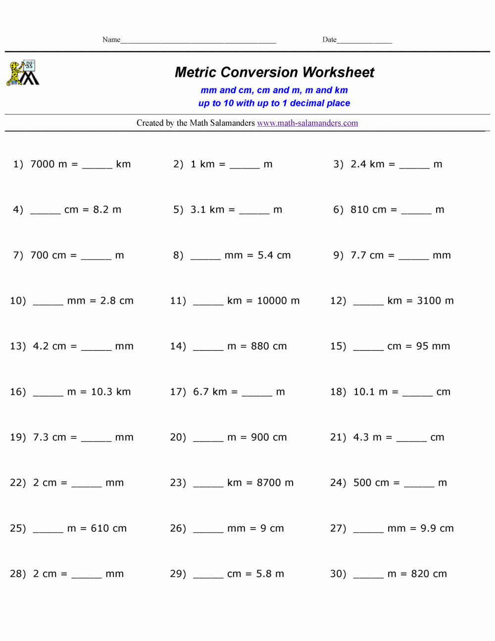 Metric Conversion Practice Worksheets