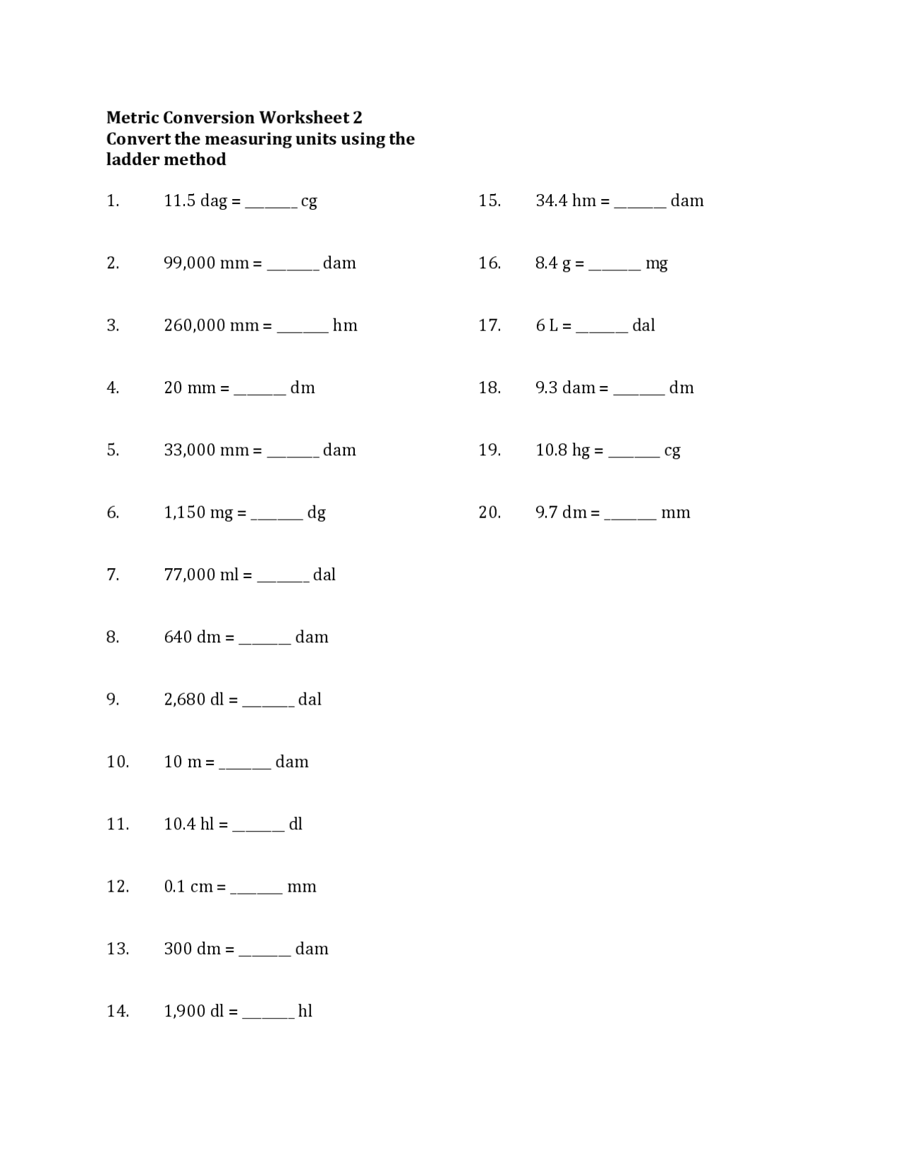 metric conversion worksheet