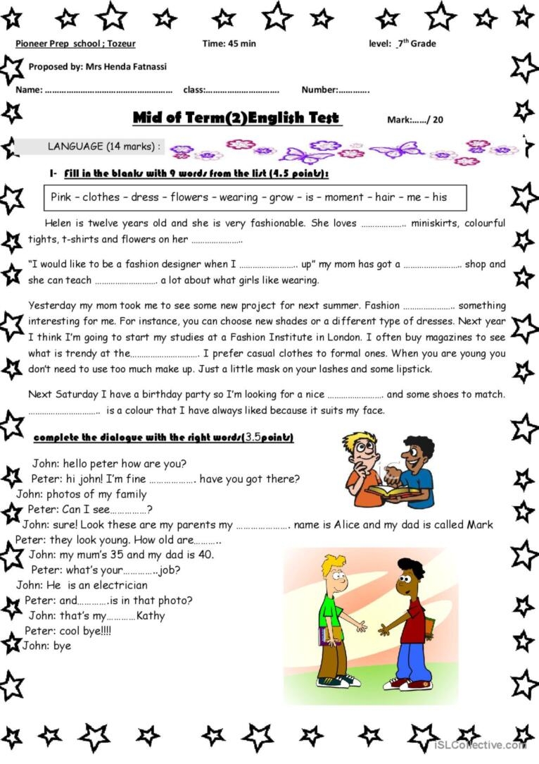 Mid term 2 7th Grade Test English ESL Worksheets Pdf Doc