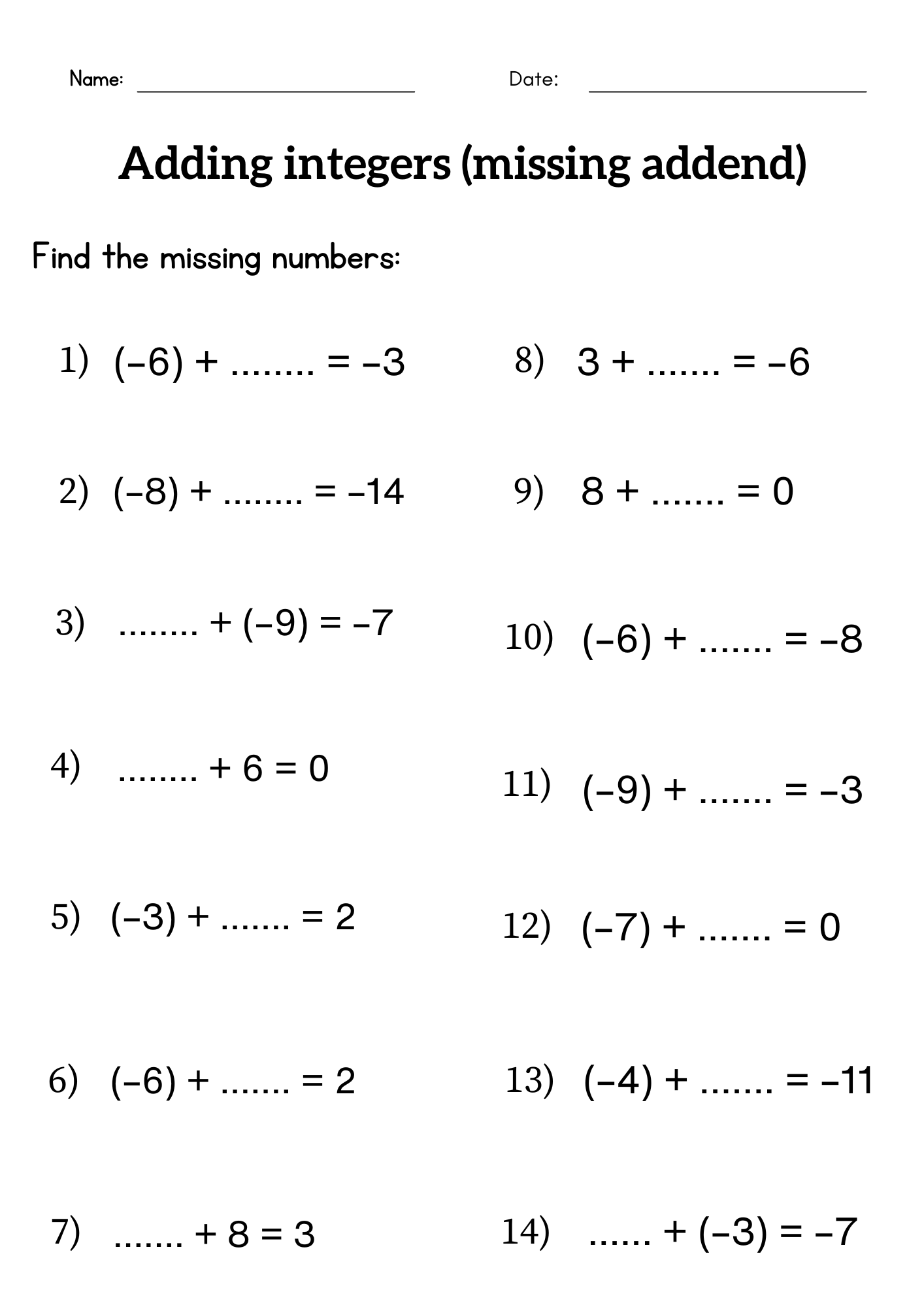 adding and subtracting integers worksheets