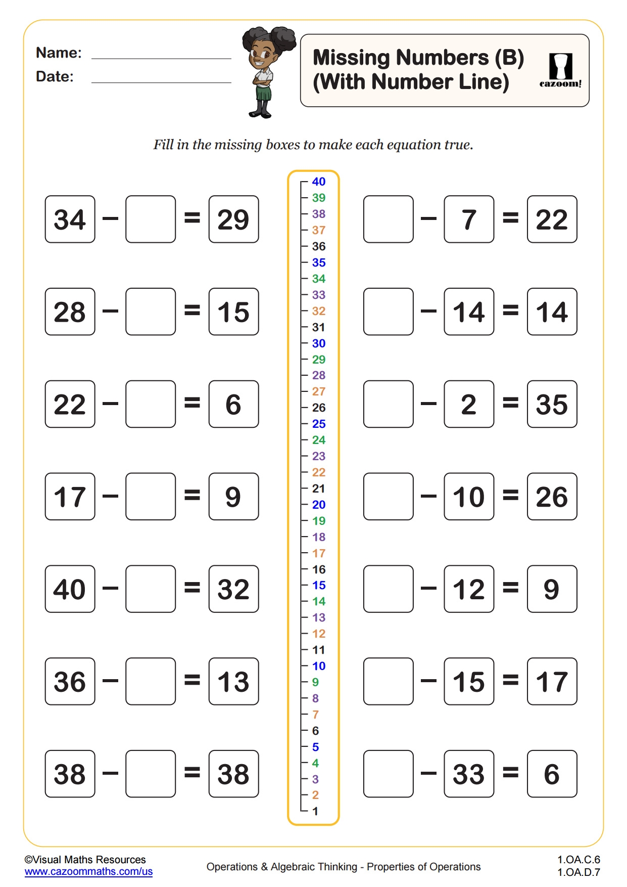 Missing Numbers A With A Number Line Fun And Engaging 1st Grade PDF Worksheets Cazoom Math