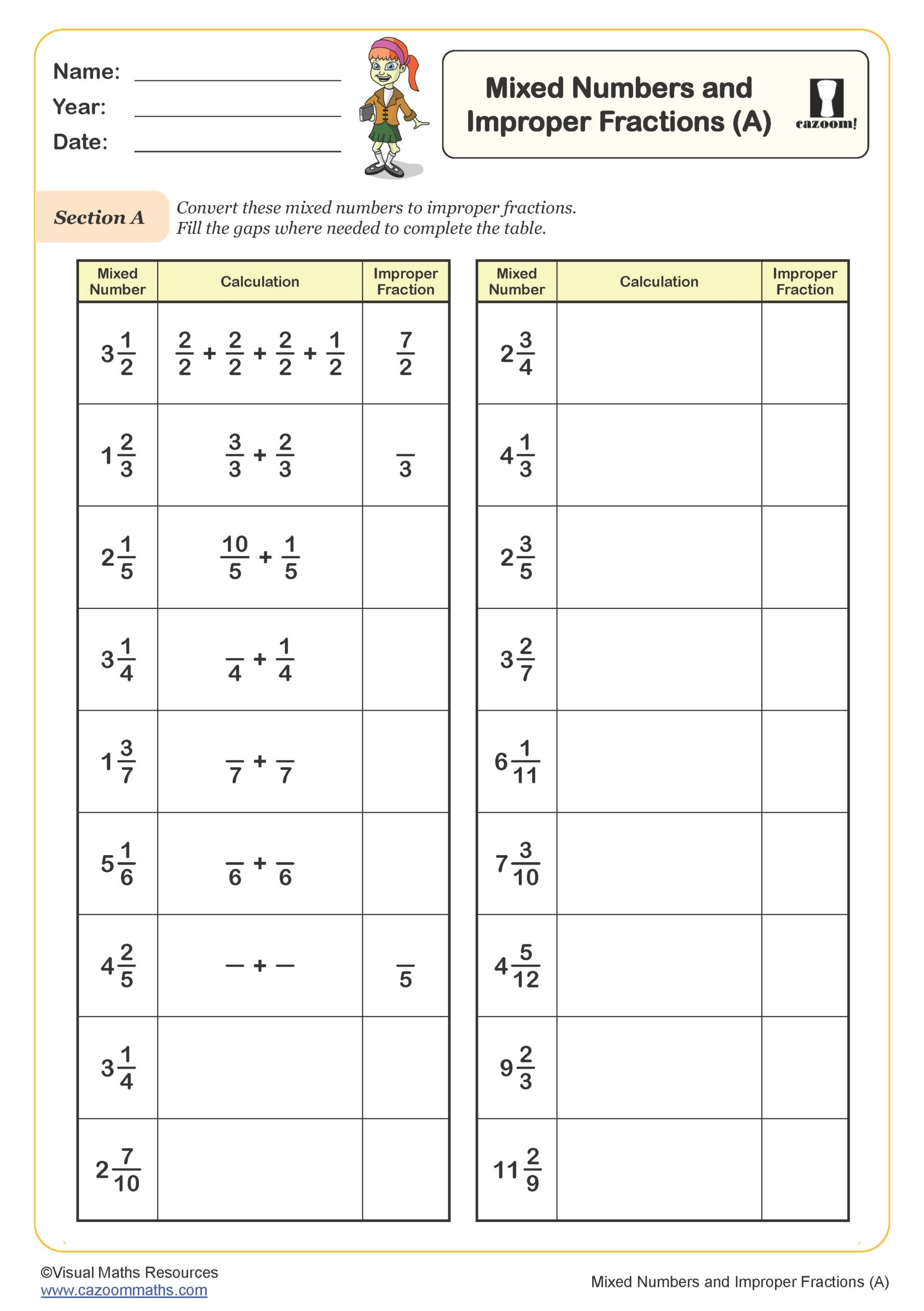 Mixed Numbers And Improper Fractions A Worksheet Key Stage 2 PDF Number Worksheet