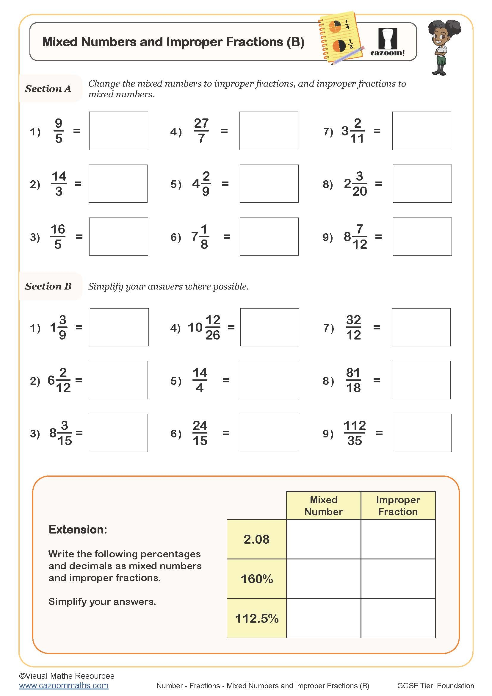 Mixed Numbers And Improper Fractions B Worksheet Cazoom Maths Worksheets