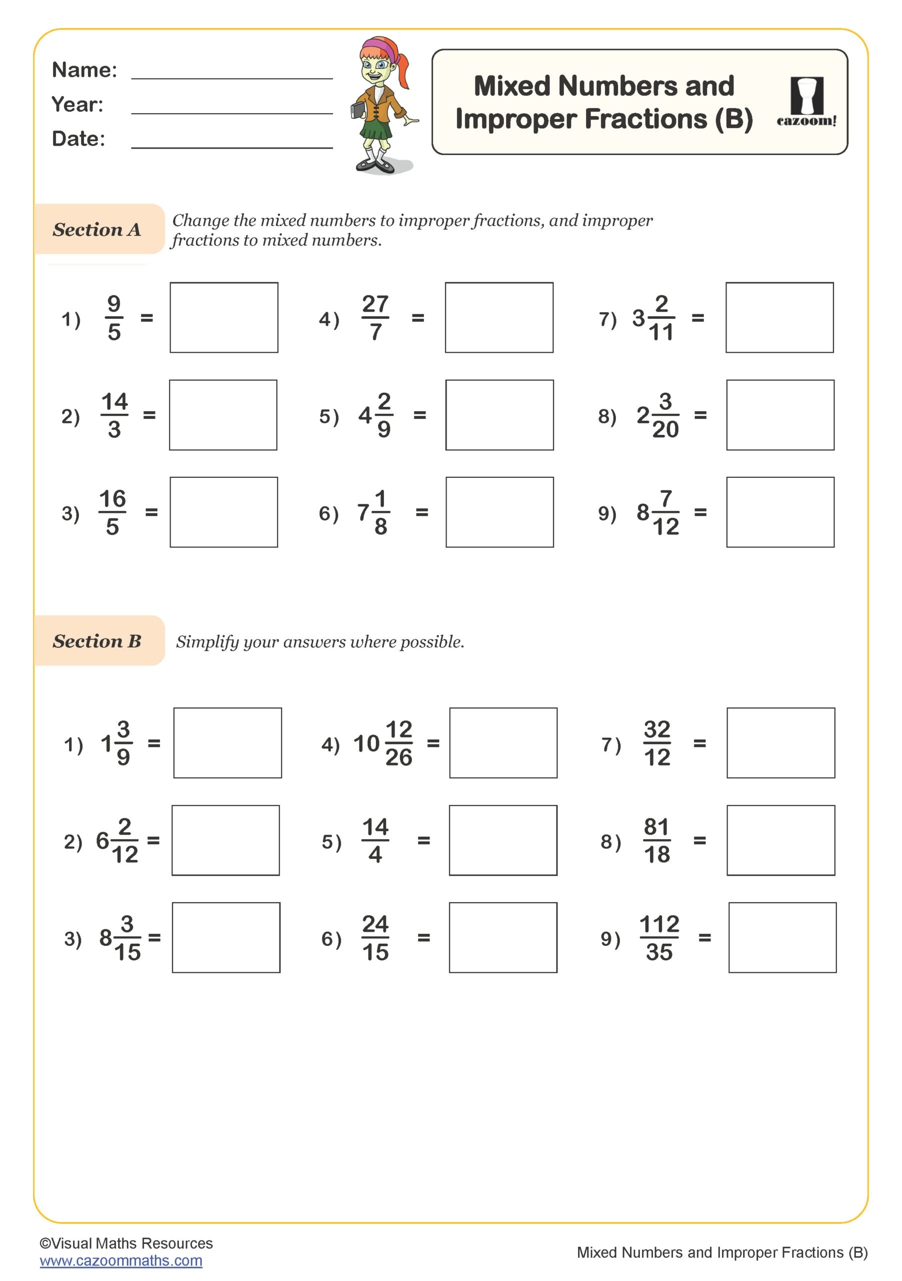 Mixed Numbers And Improper Fractions B Worksheet PDF Printable Number Worksheets Mixed Numbers And Improper Fractions B Worksheet PDF Printable Number Worksheets