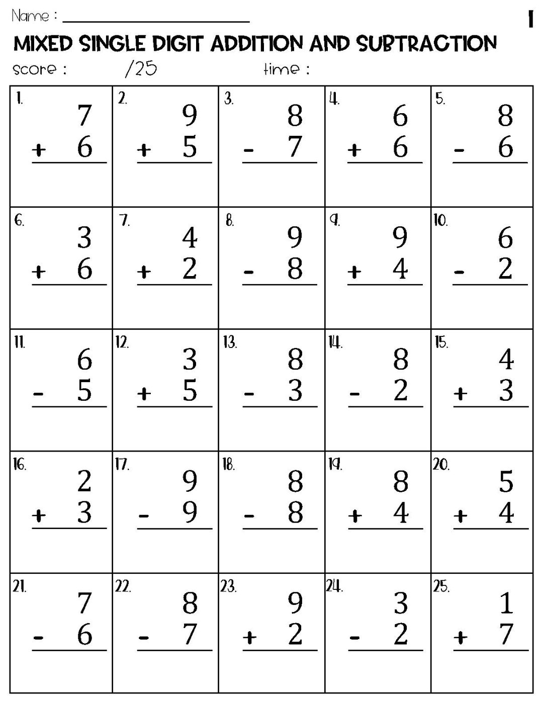 Mixed Single Digit Addition And Subtraction Worksheets Etsy Australia