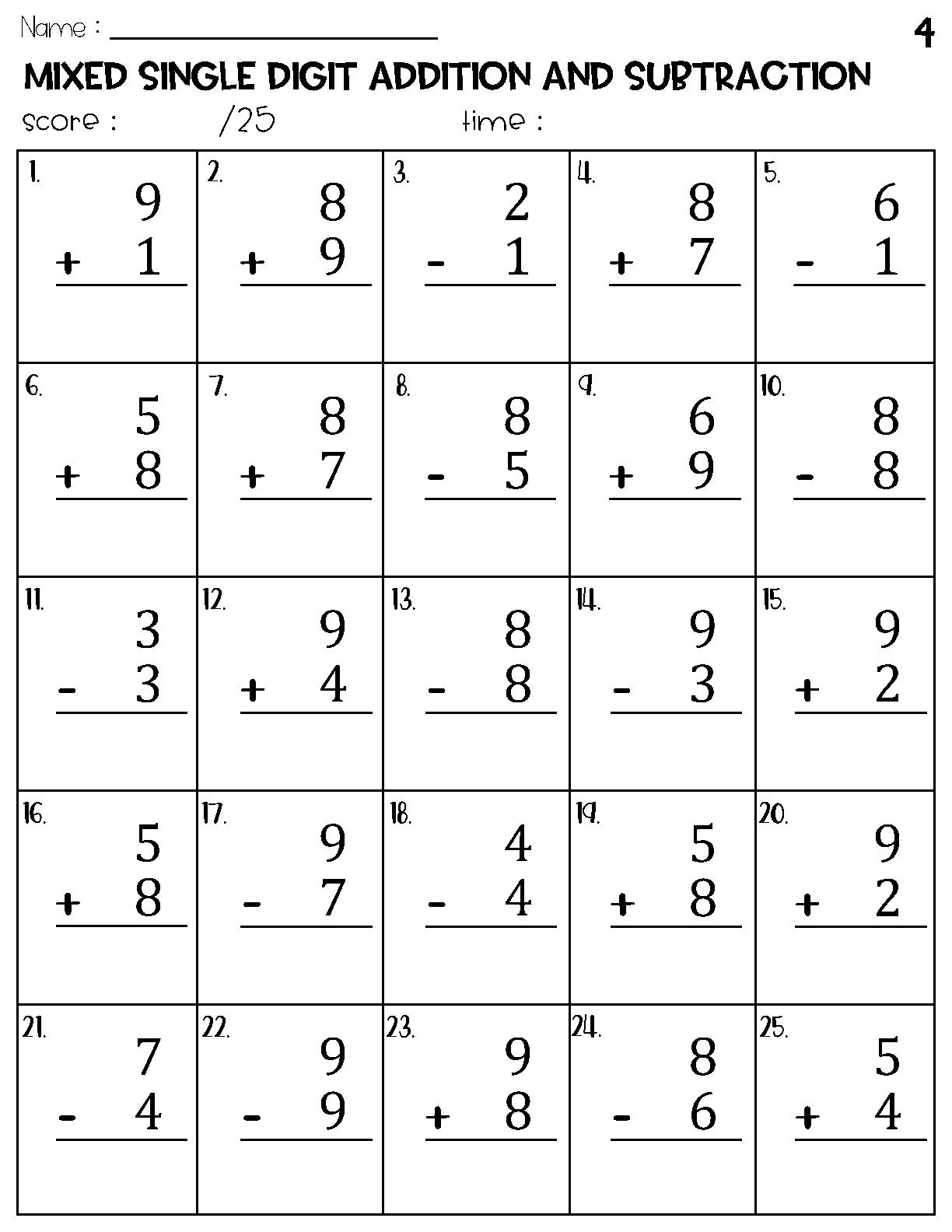 Mixed Single Digit Addition And Subtraction Worksheets Etsy Canada