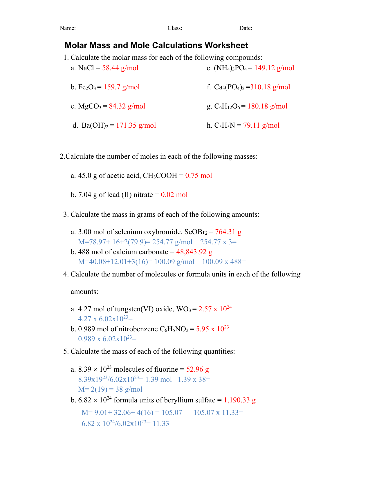 mole calculation worksheet