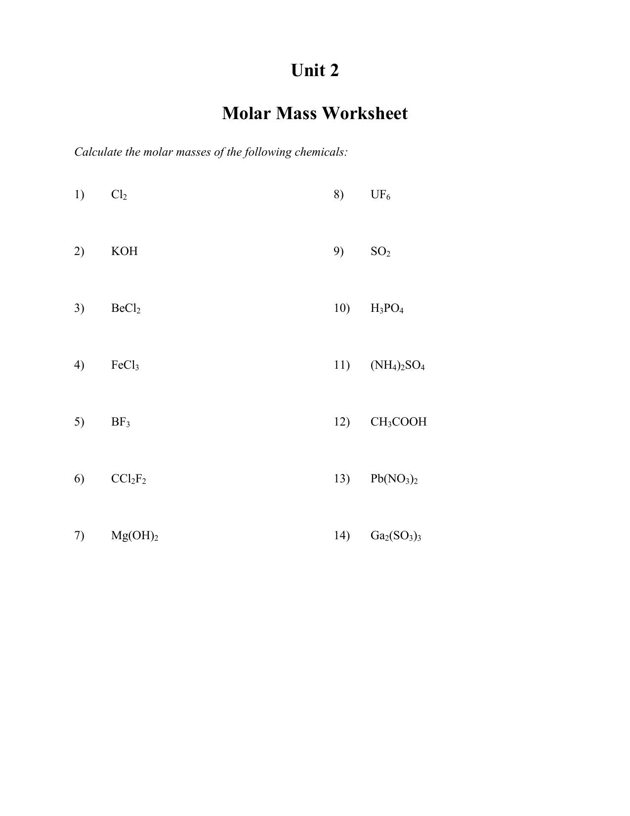 Mole Calculation Worksheet Molar Mass Conversions