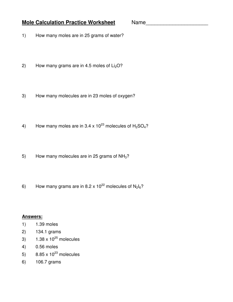 Mole Calculations Chemistry Practice Problems Worksheet