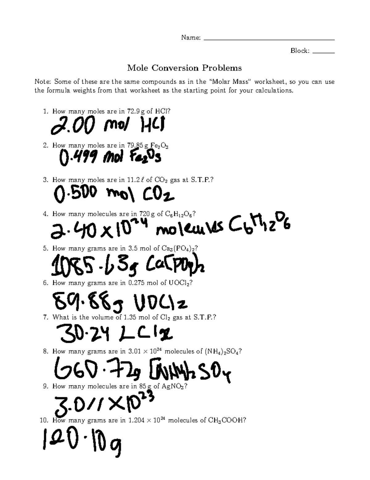 Mole Conversion Practice Grams To Moles Problems For Chemistry Studocu