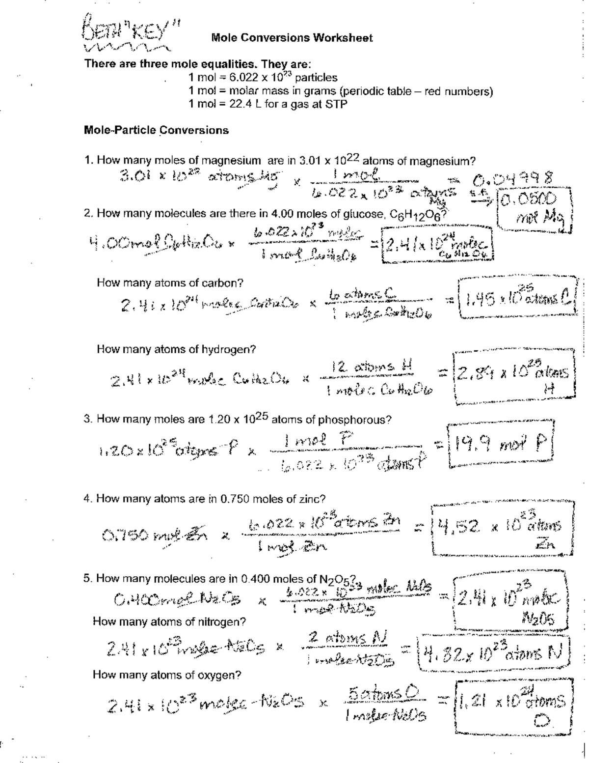 Mole Conversion Worksheet Answers Mole Conversions Worksheet There Are Three Mole Equalities They Studocu