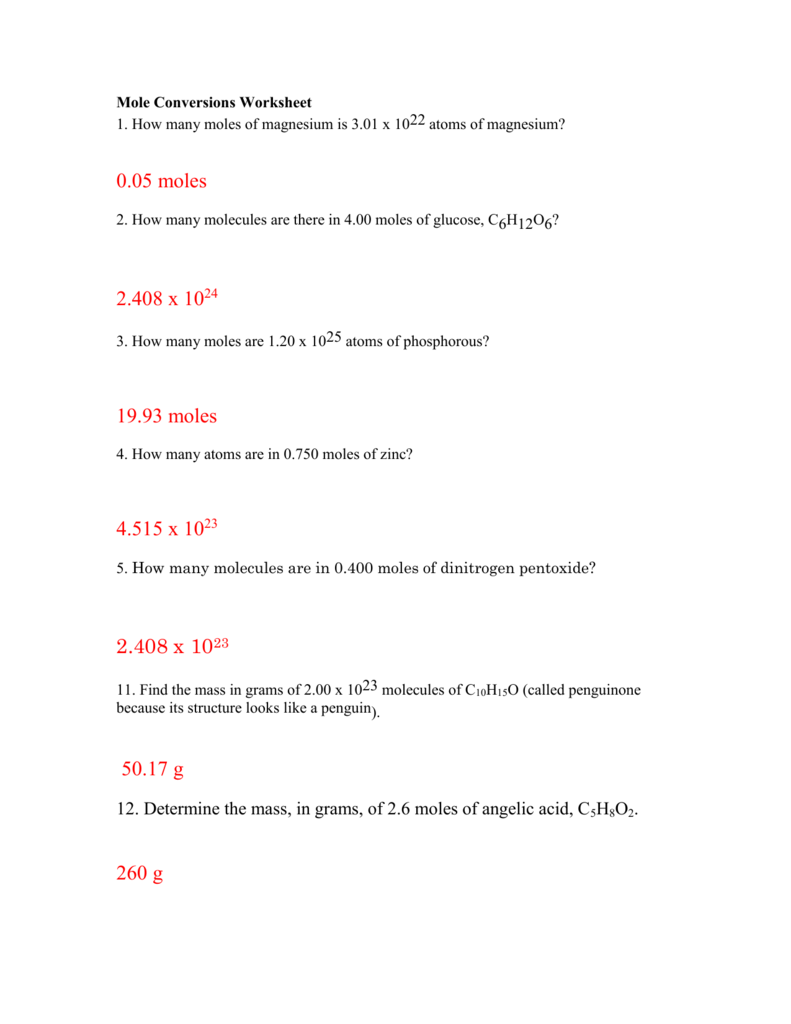 Mole Conversions Worksheet Chemistry Practice
