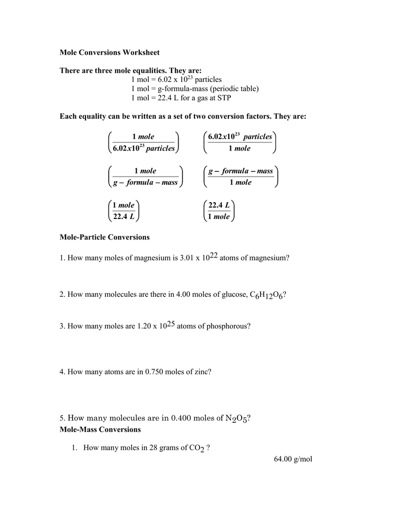 Mole Conversions Worksheet Chemistry Practice Problems