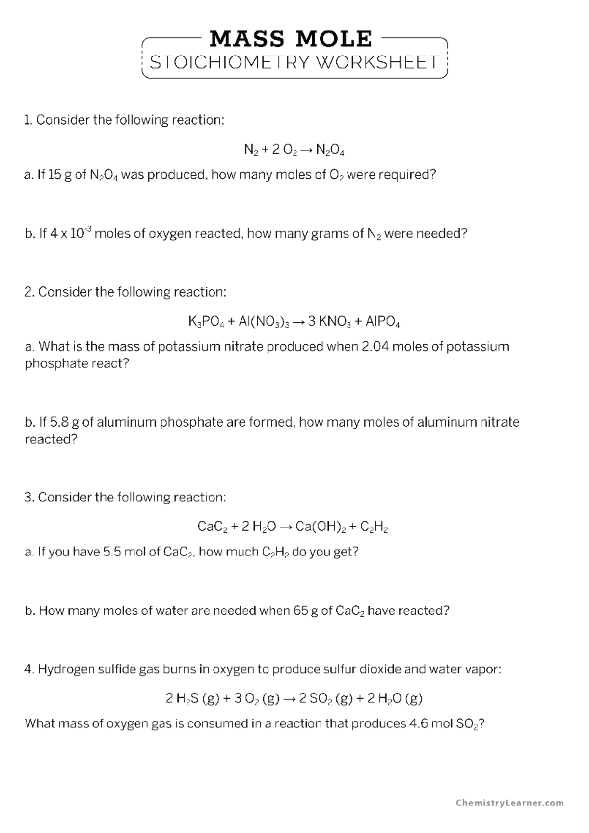 Mole Mole Mass Mass Stoichiometry Worksheet With Answers Studocu