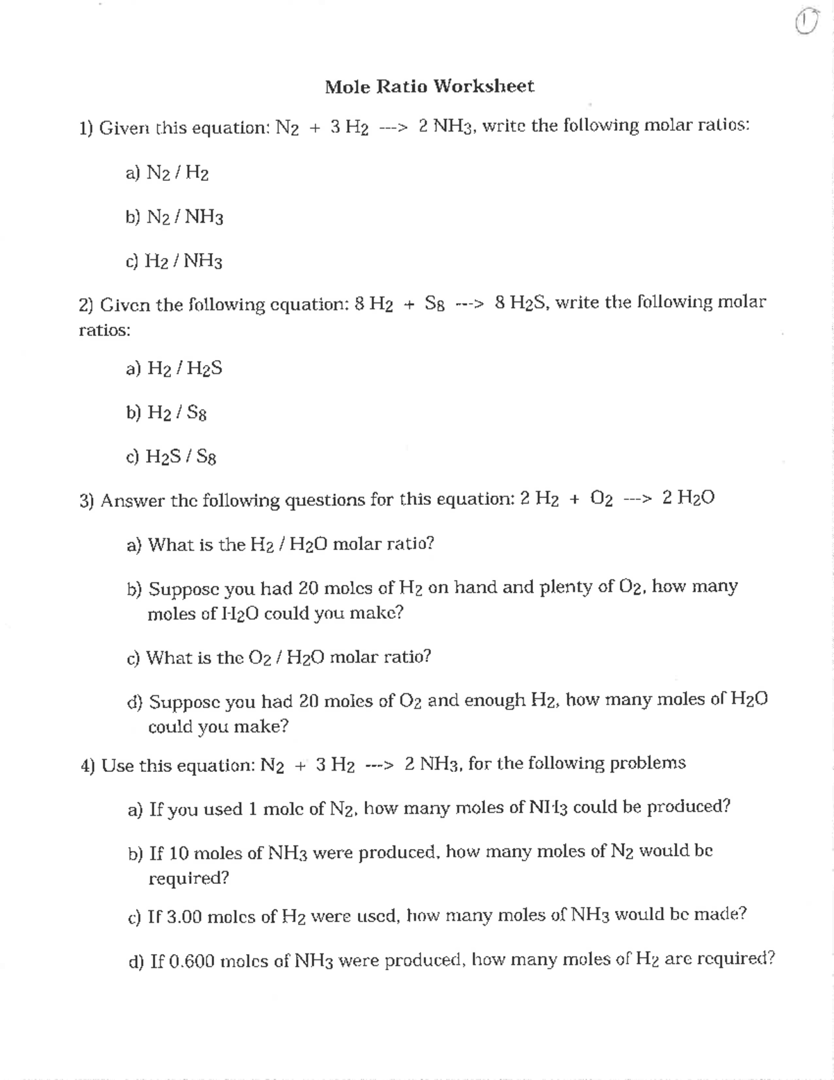Mole Ratio Worksheet Practice Problems And Solutions For Chemistry Studocu