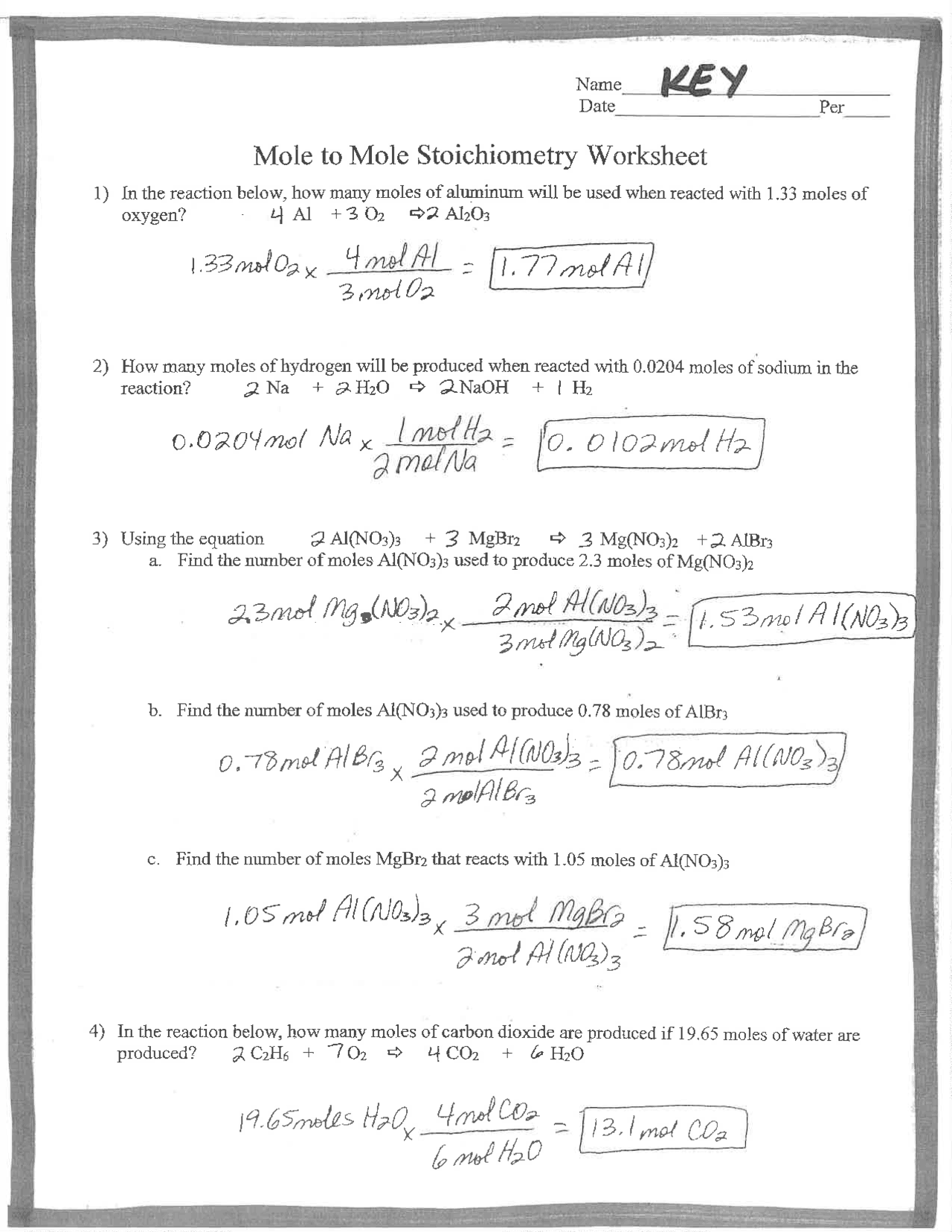 Mole To Mole Stoichiometry Worksheet Key Exercises Chemistry Docsity