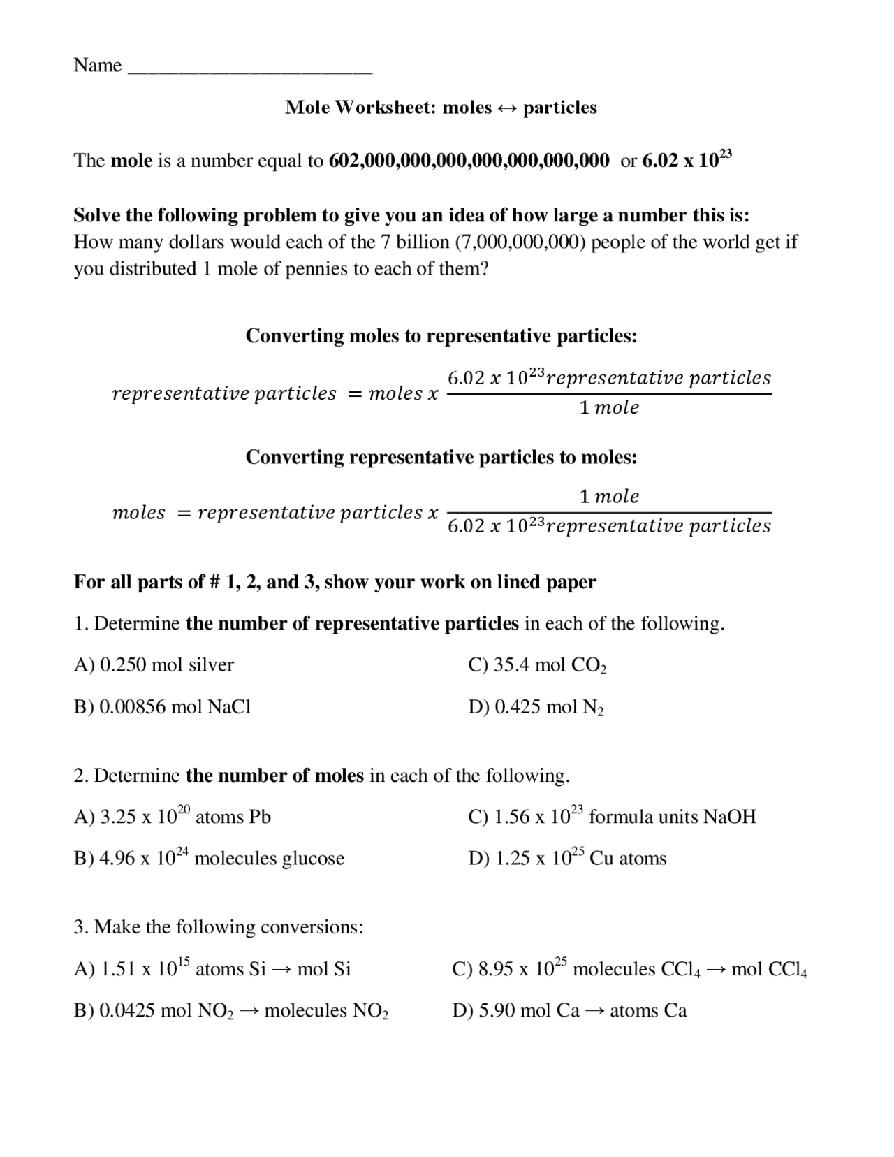 converting moles worksheet