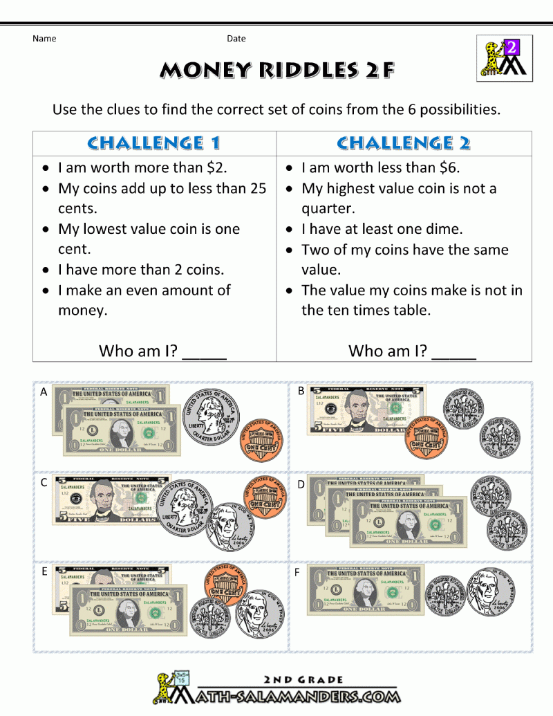 Money Math Worksheets Money Riddles
