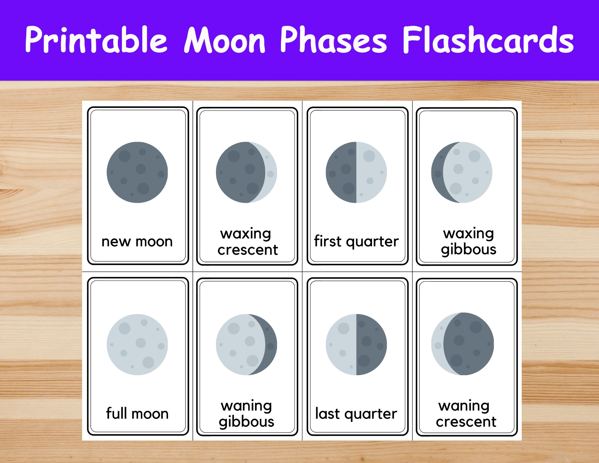 Moon Phases Flashcards Image Cards For Kids Preschoolers Nomenclature Cards Printable Activity Montessori Etsy UK