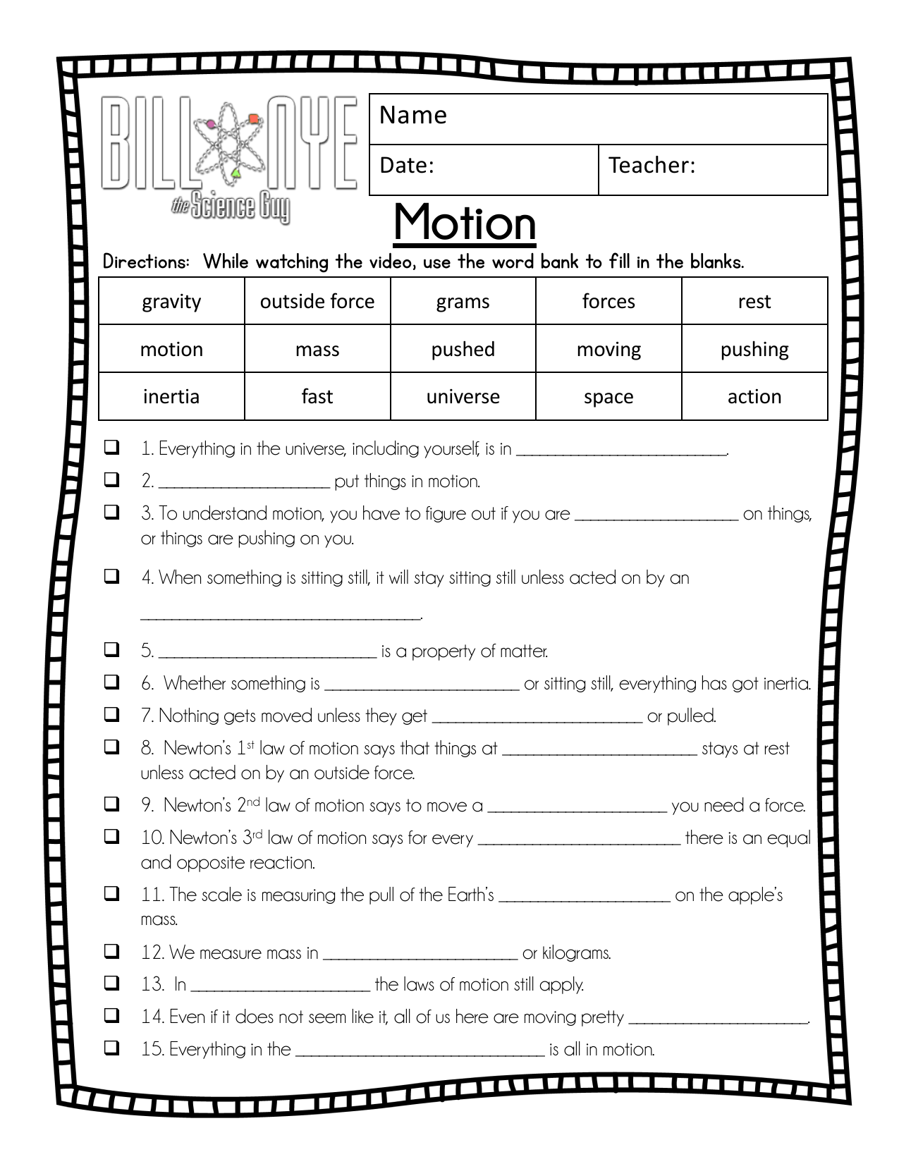 Motion Worksheet Newton s Laws Physics Basics Motion Worksheet Newton s Laws Physics Basics